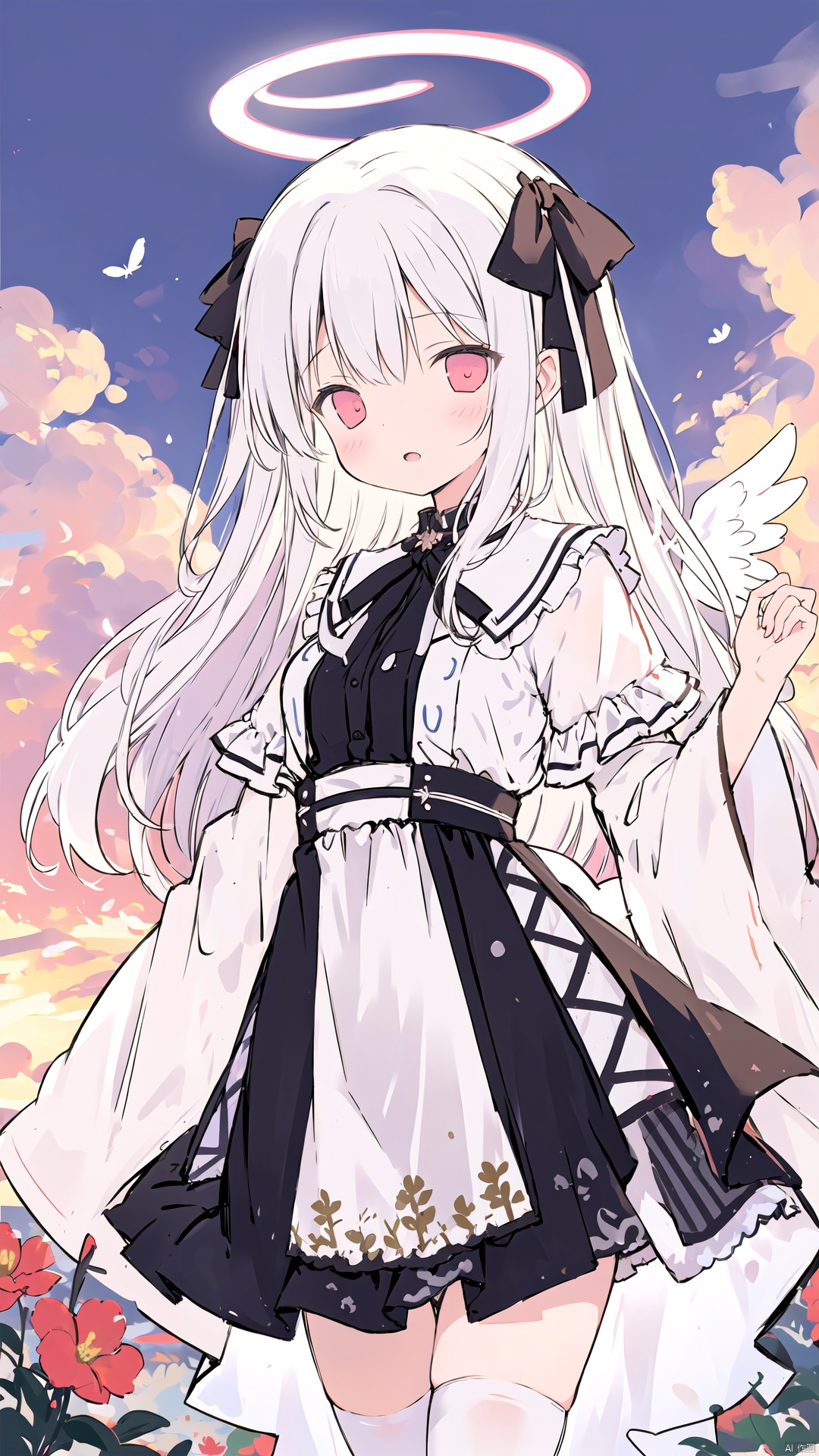 1girl, white stocking, white hair,long hair, red eyes,wings,angel,halo,solo,petite, flower ornament, feathers, (fantasy:1.2),sunny,heaven,ribbon, plant,flower, dress,open scene,(above sky), (above cloud:1.2), bright,Imagination, dream,sunset