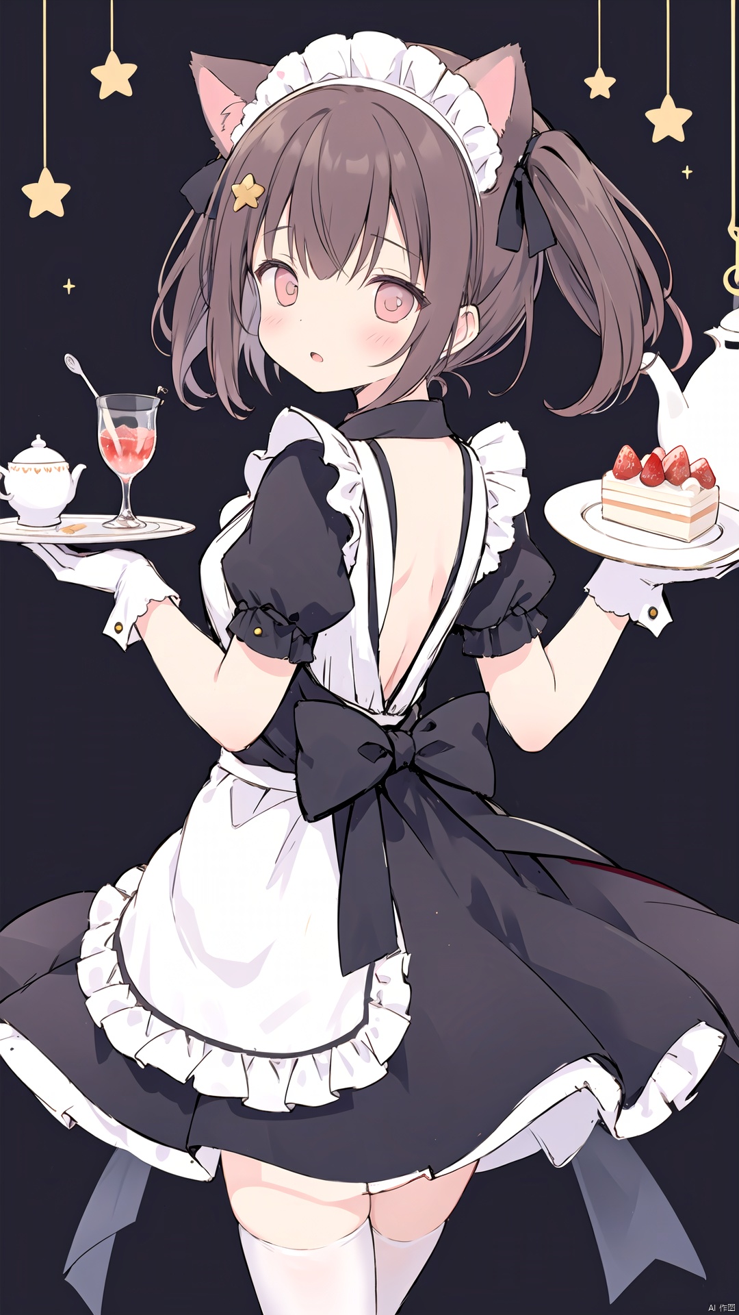 1girl, cat ears, apron, back bow, bangs, blush, bow, brown hair, cake, cake slice, cherry, cup, dress, food, frills, fruit, gloves, hair bow, hair ornament, holding, holding plate, holding tray, long hair, maid, maid apron, maid headdress, plate, puffy short sleeves, puffy sleeves, shoes, short sleeves, solo, star \(symbol\), starry background, strawberry, strawberry shortcake, teacup, teapot, tray, twintails, very long hair, white apron, white bow, white legwear