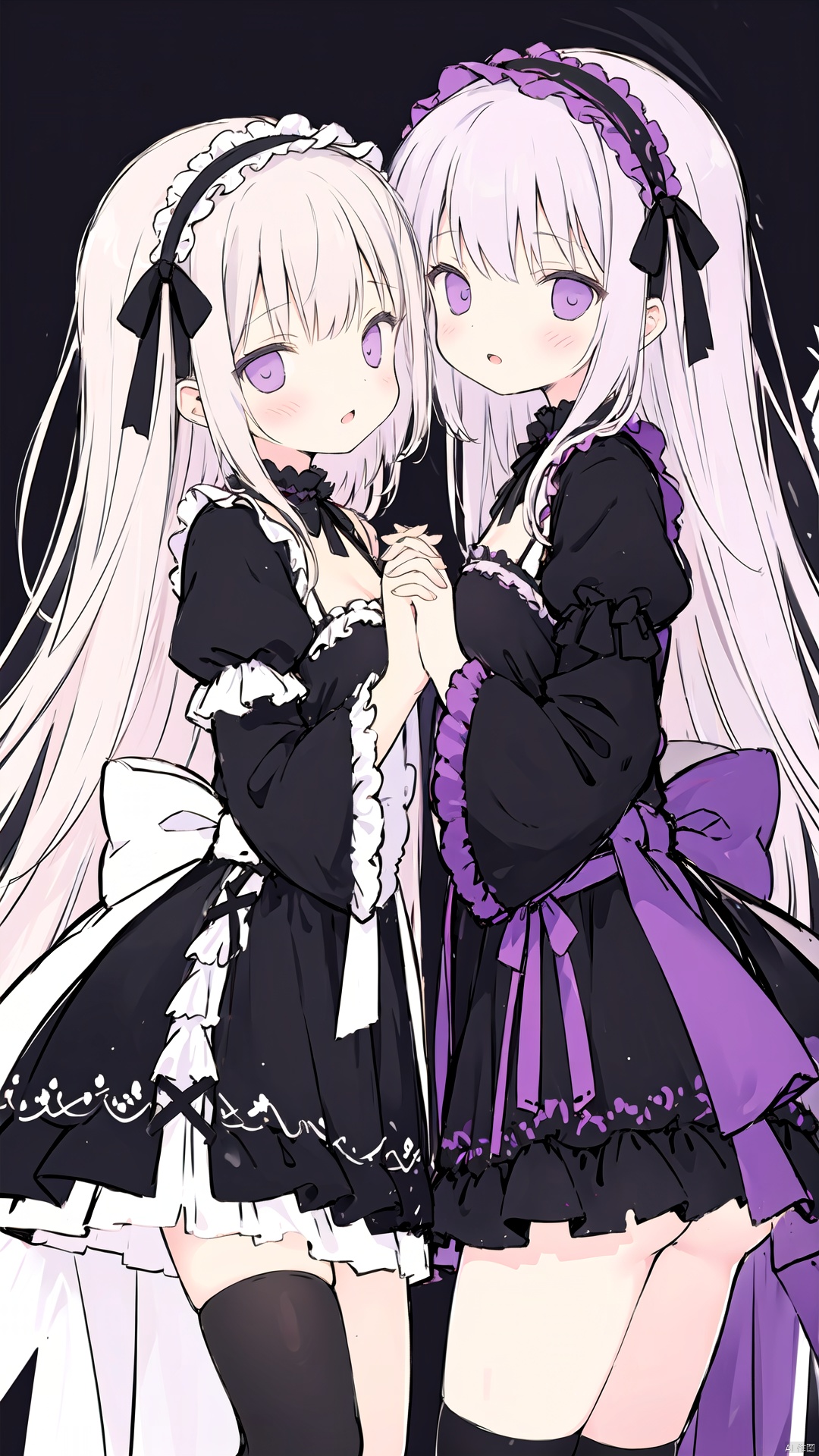 2girls, black dress, black legwear, dress, frills, hairband, holding hands, interlocked fingers, lolita hairband, long hair, long sleeves, looking at viewer, own hands clasped, puffy sleeves, purple eyes, simple background, symmetry, tattoo, wide sleeves, (dark background), gothic, night