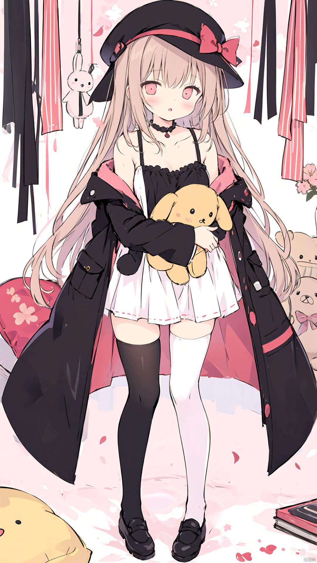 1girl, (standing:1.2) ,from above, black legwear, blush, brown jacket, collarbone, eyebrows visible through hair, hat, holding, holding stuffed toy, jacket, jewelry, long hair, long sleeves, looking at viewer, object hug, open clothes, open jacket, parted lips, shirt, shoes, solo, stuffed animal, stuffed bunny, stuffed toy, teddy bear, thighhighs, very long hair