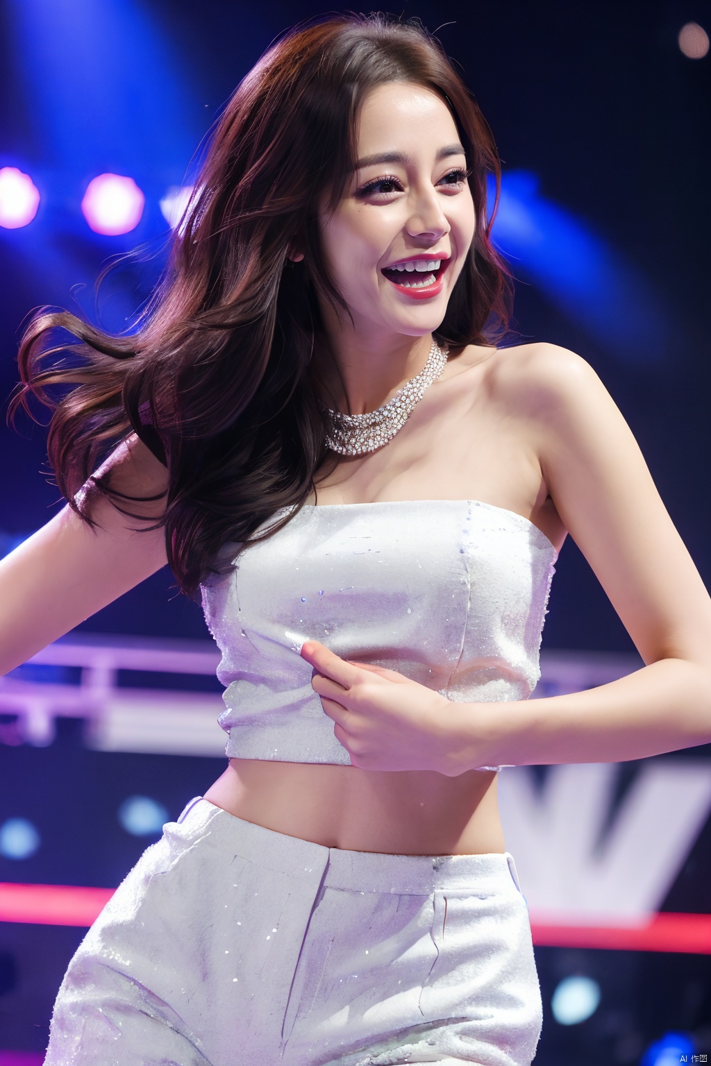  PHOTOREALISTIC REALISTIC, masterpiece, best quality, highres, ultra detailed, 8k,1woman,cowboy shot,looking at viewer,smile,teeth,open mouth,stage,stage light, dilireba