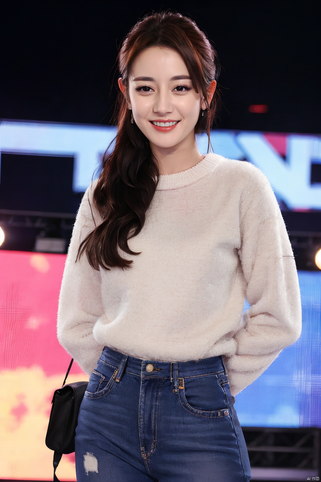  PHOTOREALISTIC REALISTIC, masterpiece, best quality, highres, ultra detailed, 8k,1woman,cowboy shot,looking at viewer,smile,night,stage,stage light, dilireba