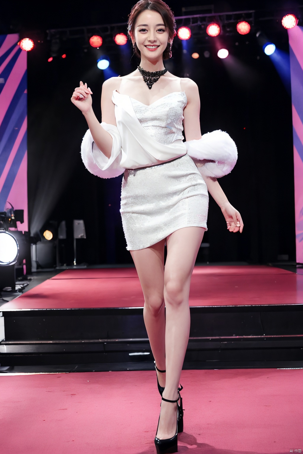  PHOTOREALISTIC REALISTIC, masterpiece, best quality, highres, ultra detailed, 8k,1woman,full body,looking at viewer,smile,outdoors,night,stage,stage light, dilireba