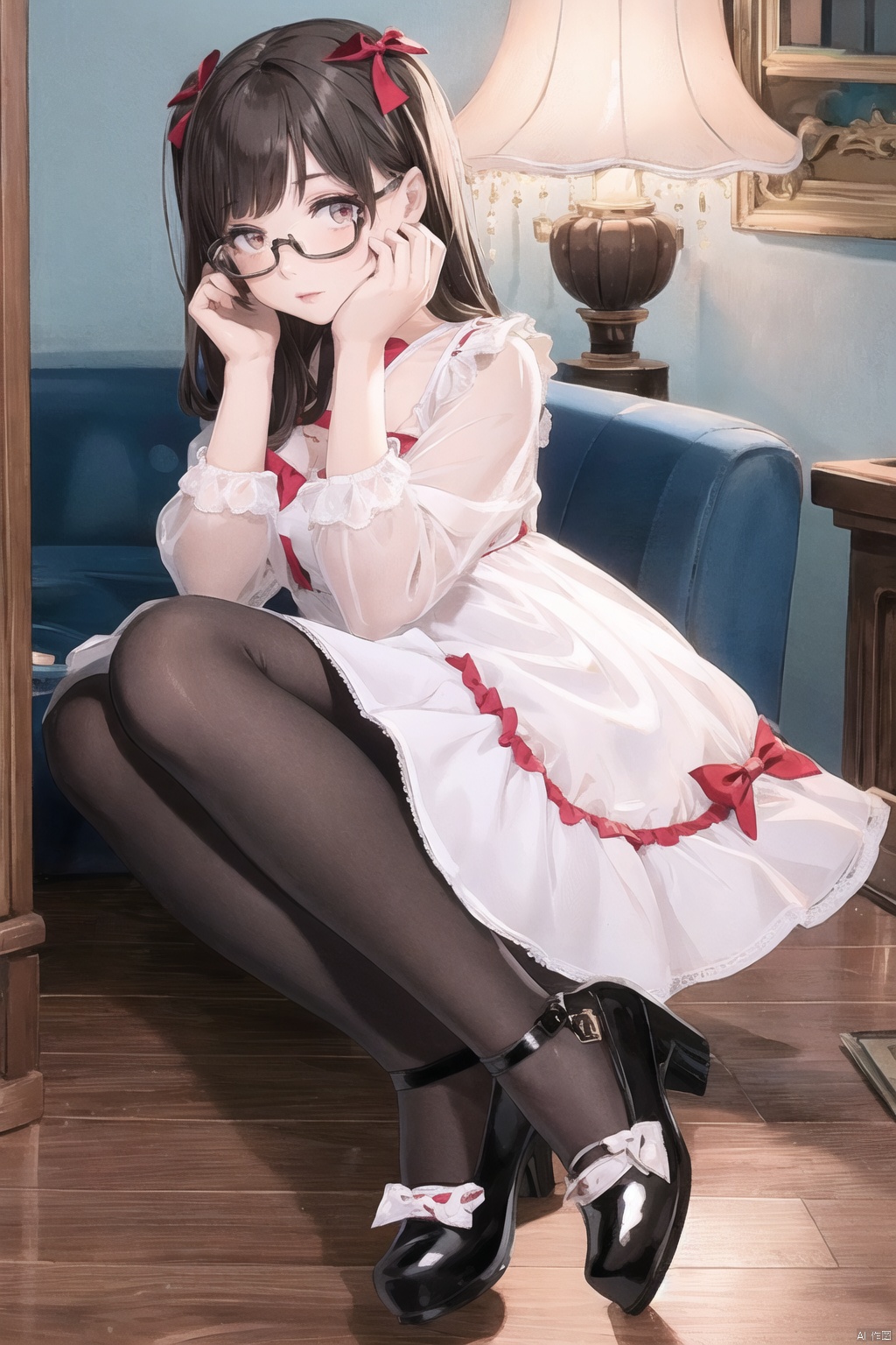  1girl, dress,(lolanse_style dress), sitting, pantyhose, long hair, white footwear, brown hair, shoes, full body, glasses, box, hair ornament, high heels, black hair,lolita fashion, indoors, white pantyhose, frills,bangs, hair bow, platform footwear, blush, cardboard box, bag, see-through,ribbon,longsleeves,