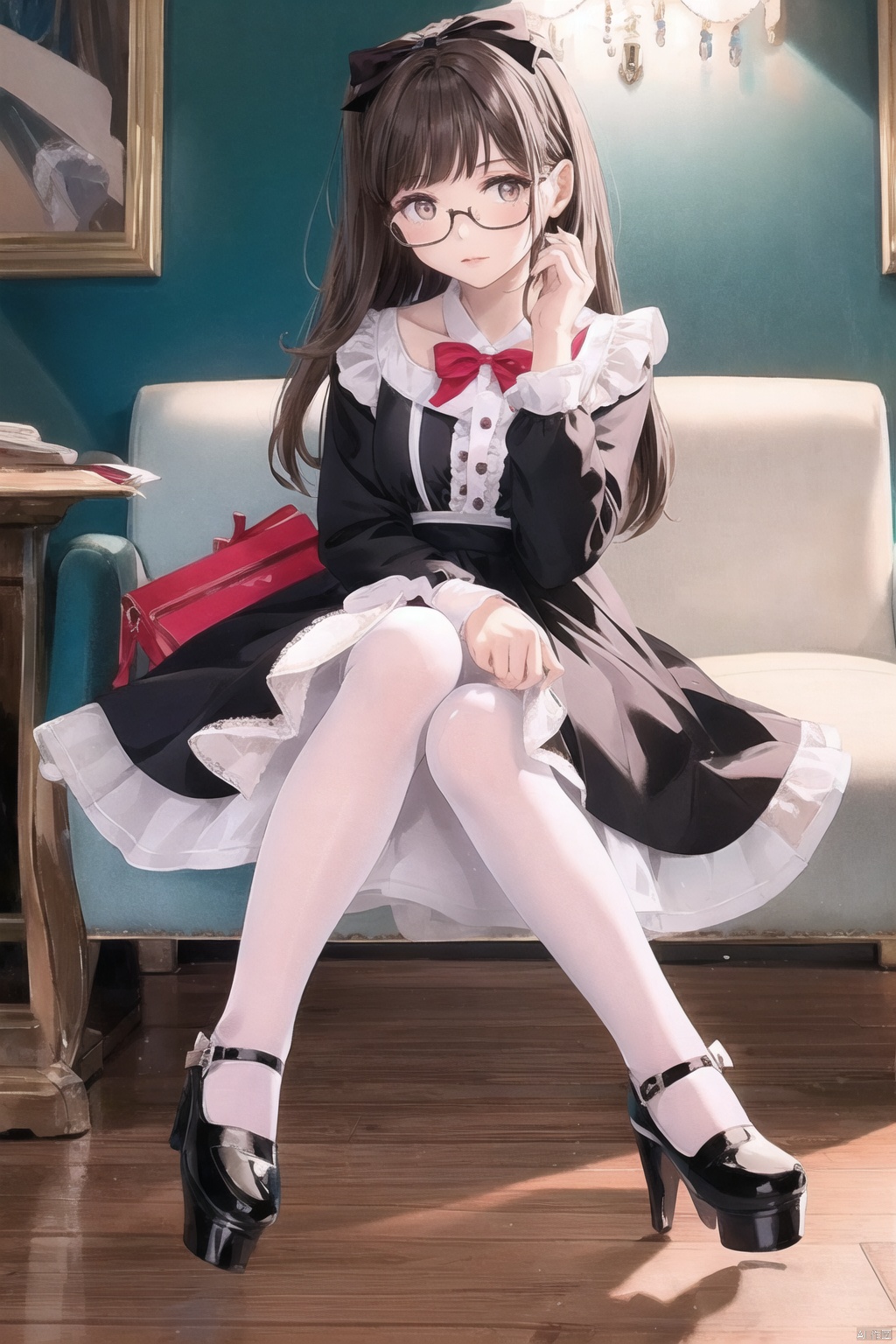  1girl, dress,(lolanse_style dress), sitting, pantyhose, long hair, white footwear, brown hair, shoes, full body, glasses, box, hair ornament, high heels, black hair,lolita fashion, indoors, white pantyhose, frills,bangs, hair bow, platform footwear, blush, cardboard box, bag, see-through,ribbon,longsleeves,