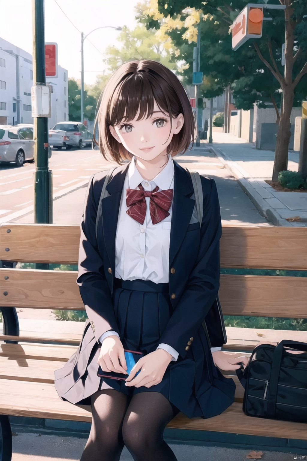  1girl, solo, brown hair, skirt, pantyhose, bag, short hair, phone, school uniform, looking at viewer, bench, cellphone, black pantyhose, sitting, jacket, realistic, outdoors, brown eyes, shirt, holding, leaf, bangs, holding phone, blazer, smartphone, pleated skirt, black jacket, blue skirt, school bag, smile, lips, long sleeves, white shirt, collared shirt, uniform, closed mouth, day, backpack,