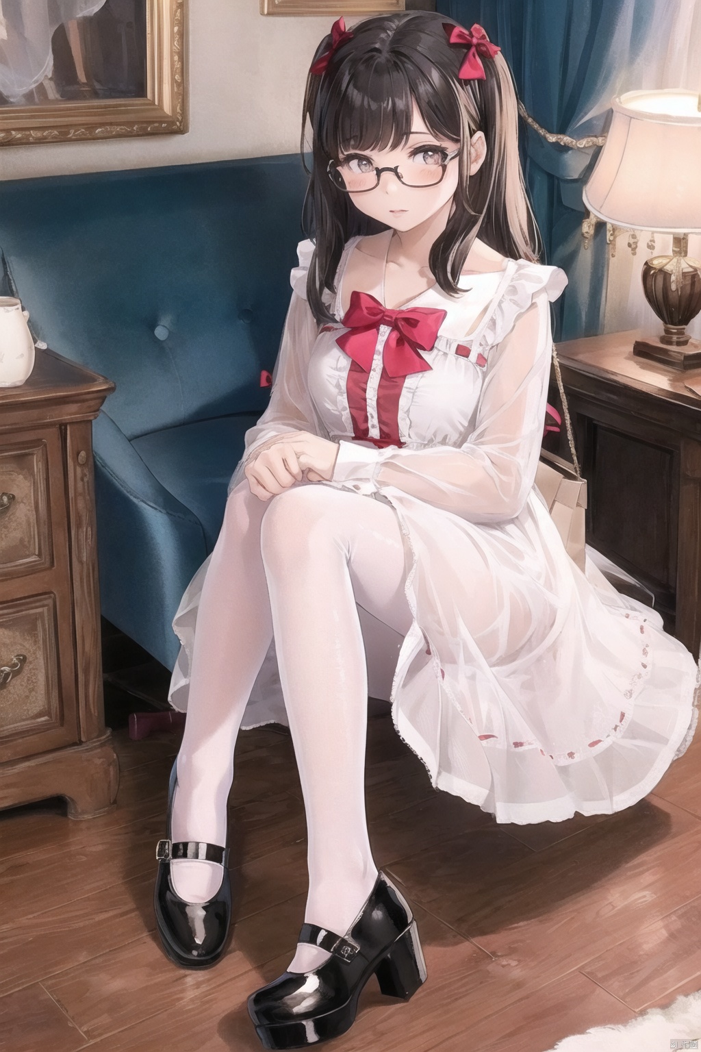  1girl, dress,(lolanse_style dress), sitting, pantyhose, long hair, white footwear, brown hair, shoes, full body, glasses, box, hair ornament, high heels, black hair,lolita fashion, indoors, white pantyhose, frills,bangs, hair bow, platform footwear, blush, cardboard box, bag, see-through,ribbon,longsleeves,