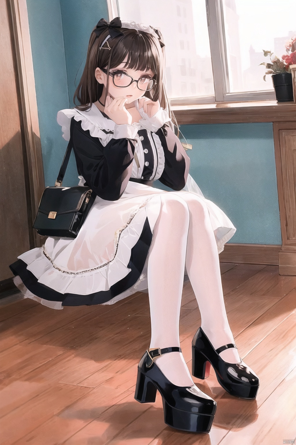  1girl, dress,(lolanse_style dress), sitting, pantyhose, long hair, white footwear, brown hair, shoes, full body, glasses, box, hair ornament, high heels, black hair,lolita fashion, indoors, white pantyhose, frills,bangs, hair bow, platform footwear, blush, cardboard box, bag, see-through,ribbon,longsleeves,