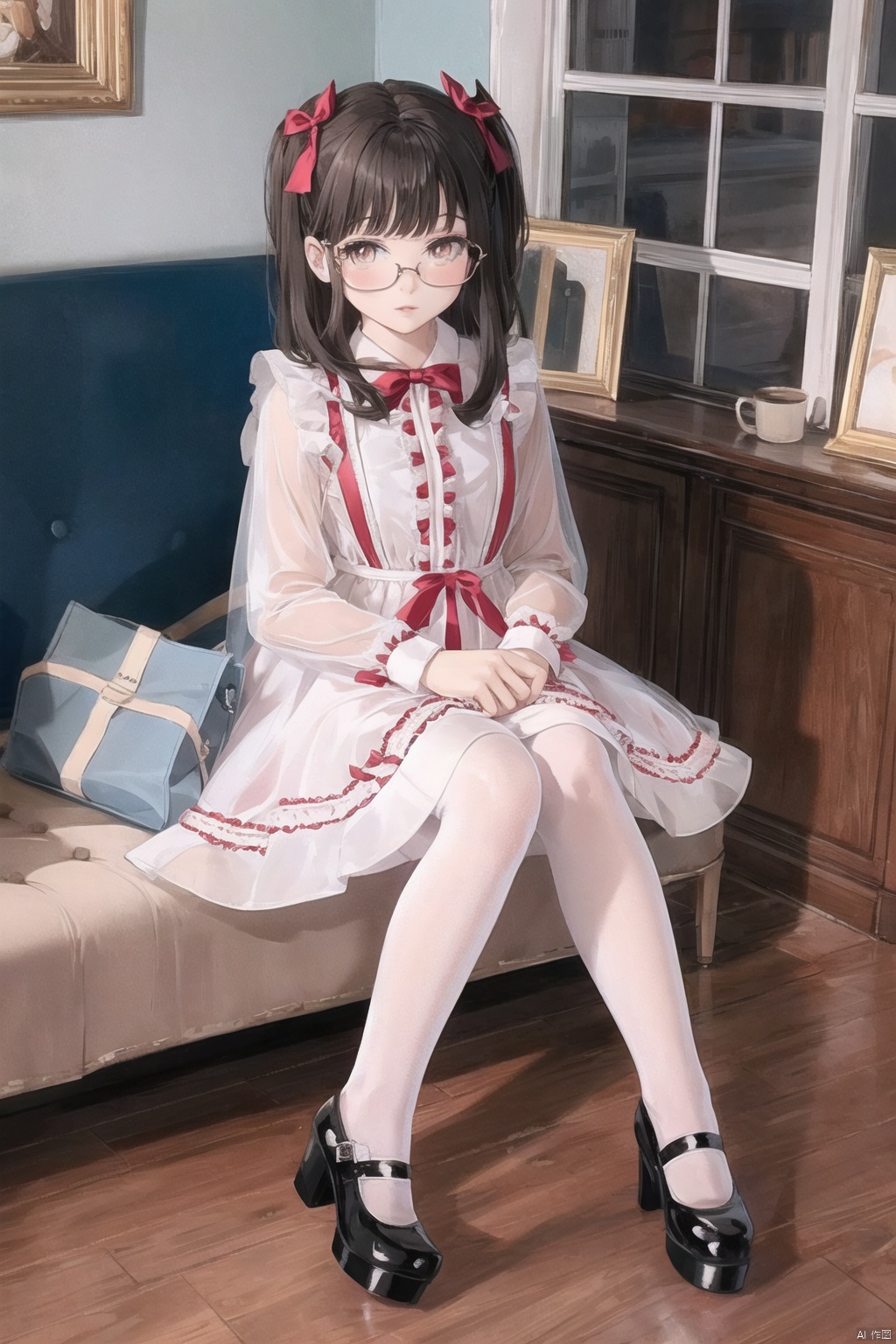  1girl, dress,(lolanse_style dress), sitting, pantyhose, long hair, white footwear, brown hair, shoes, full body, glasses, box, hair ornament, high heels, black hair,lolita fashion, indoors, white pantyhose, frills,bangs, hair bow, platform footwear, blush, cardboard box, bag, see-through,ribbon,longsleeves,