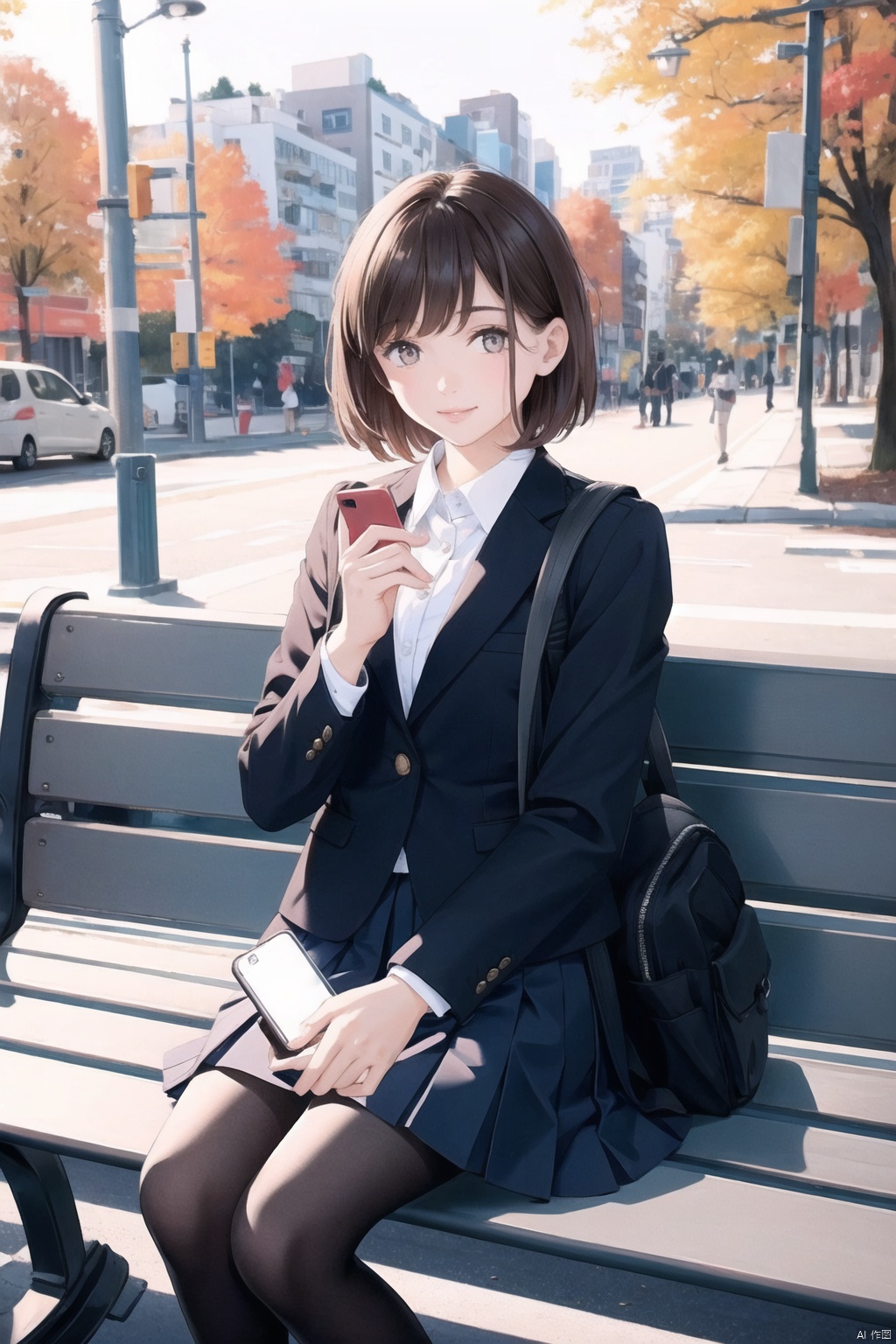  1girl, solo, brown hair, skirt, pantyhose, bag, short hair, phone, school uniform, looking at viewer, bench, cellphone, black pantyhose, sitting, jacket, realistic, outdoors, brown eyes, shirt, holding, leaf, bangs, holding phone, blazer, smartphone, pleated skirt, black jacket, blue skirt, school bag, smile, lips, long sleeves, white shirt, collared shirt, uniform, closed mouth, day, backpack,