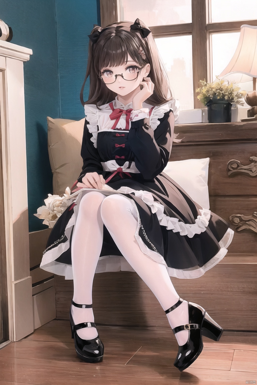  1girl, dress,(lolanse_style dress), sitting, pantyhose, long hair, white footwear, brown hair, shoes, full body, glasses, box, hair ornament, high heels, black hair,lolita fashion, indoors, white pantyhose, frills,bangs, hair bow, platform footwear, blush, cardboard box, bag, see-through,ribbon,longsleeves,