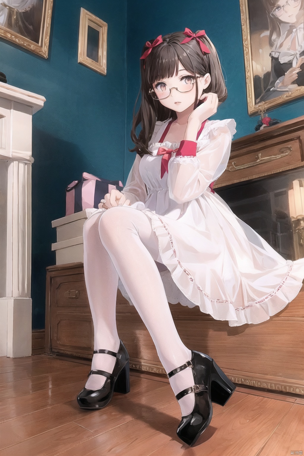  1girl, dress,(lolanse_style dress), sitting, pantyhose, long hair, white footwear, brown hair, shoes, full body, glasses, box, hair ornament, high heels, black hair,lolita fashion, indoors, white pantyhose, frills,bangs, hair bow, platform footwear, blush, cardboard box, bag, see-through,ribbon,longsleeves,