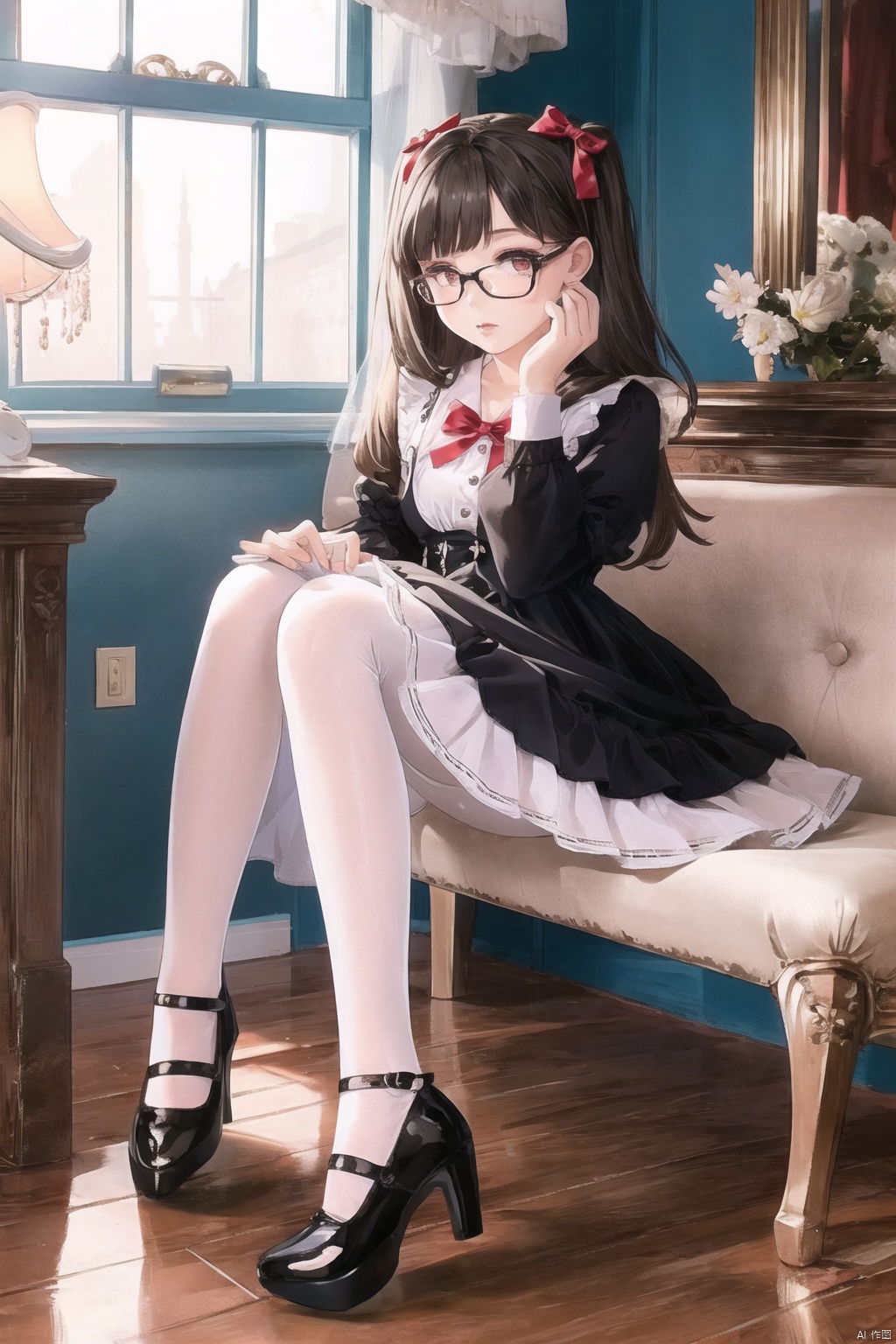  1girl, dress,(lolanse_style dress), sitting, pantyhose, long hair, white footwear, brown hair, shoes, full body, glasses, box, hair ornament, high heels, black hair,lolita fashion, indoors, white pantyhose, frills,bangs, hair bow, platform footwear, blush, cardboard box, bag, see-through,ribbon,longsleeves,