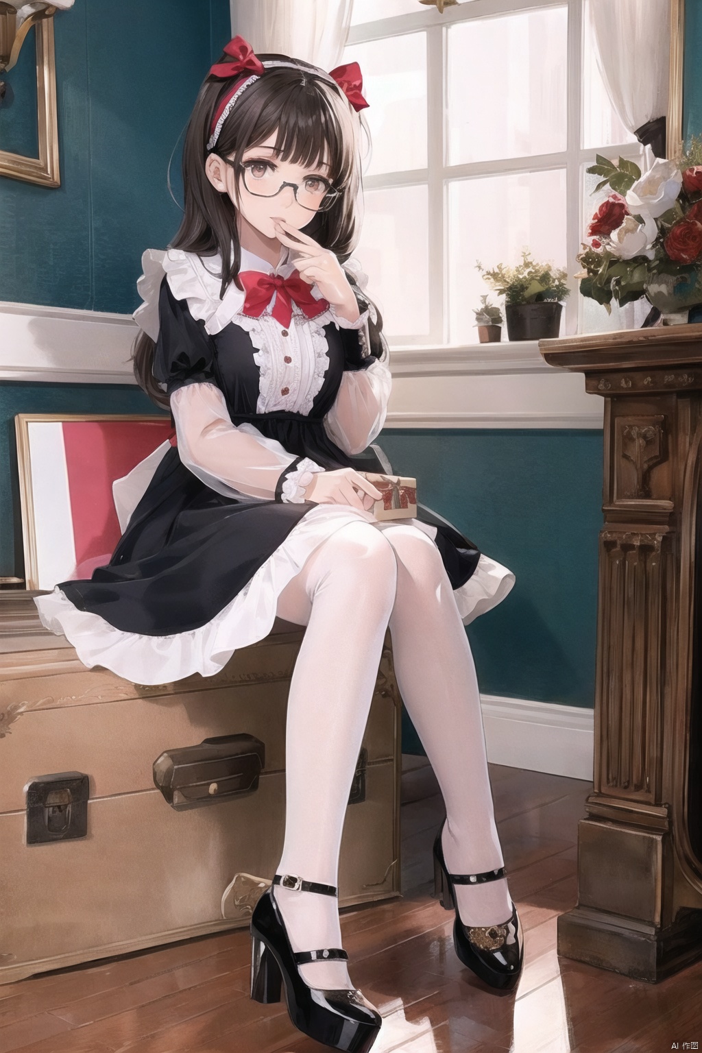  1girl, dress,(lolanse_style dress), sitting, pantyhose, long hair, white footwear, brown hair, shoes, full body, glasses, box, hair ornament, high heels, black hair,lolita fashion, indoors, white pantyhose, frills,bangs, hair bow, platform footwear, blush, cardboard box, bag, see-through,ribbon,longsleeves,