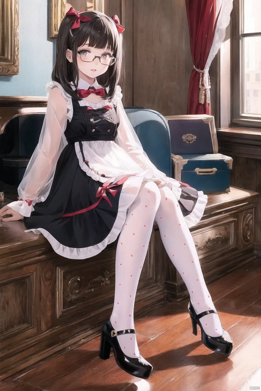  1girl, dress,(lolanse_style dress), sitting, pantyhose, long hair, white footwear, brown hair, shoes, full body, glasses, box, hair ornament, high heels, black hair,lolita fashion, indoors, white pantyhose, frills,bangs, hair bow, platform footwear, blush, cardboard box, bag, see-through,ribbon,longsleeves,