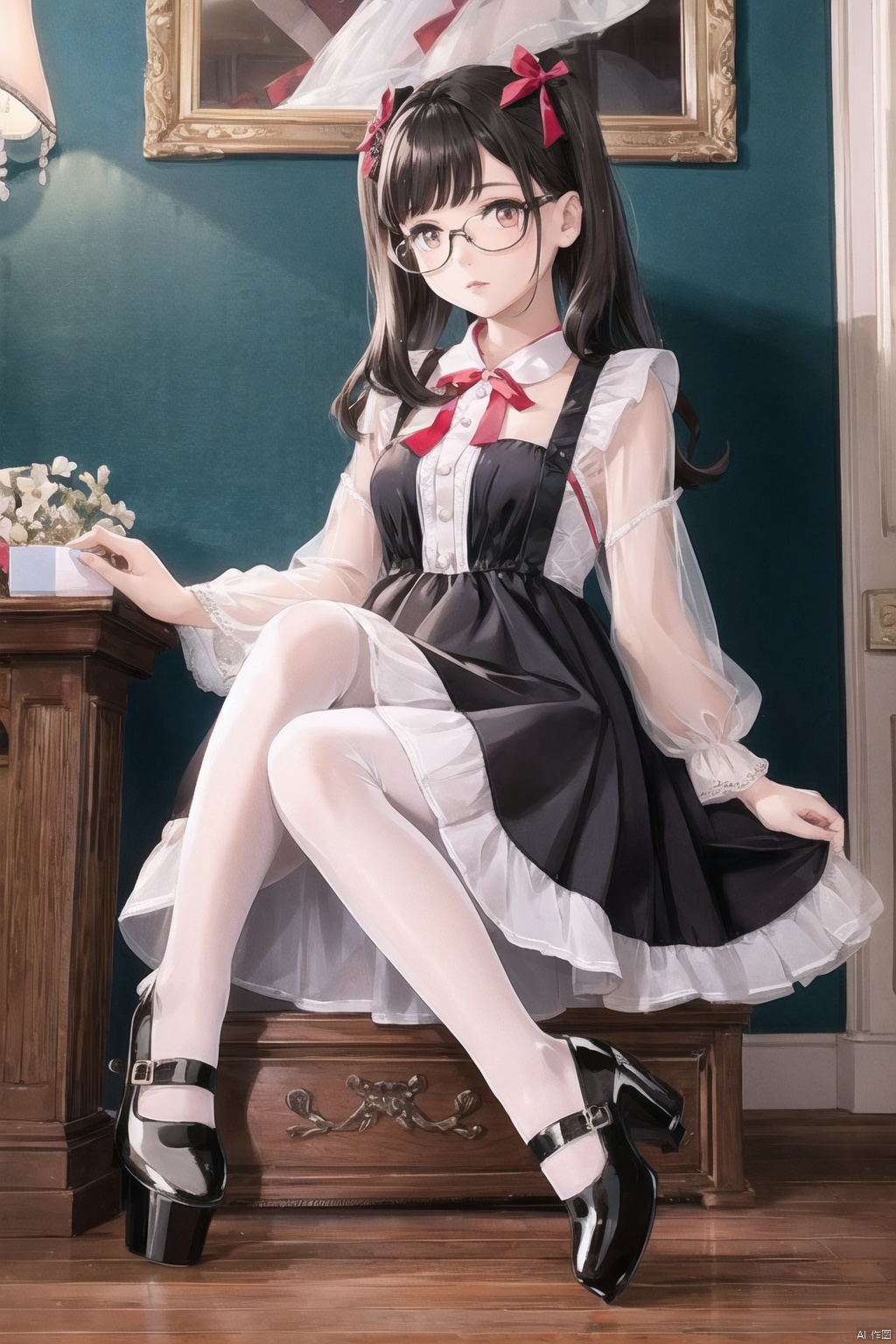  1girl, dress,(lolanse_style dress), sitting, pantyhose, long hair, white footwear, brown hair, shoes, full body, glasses, box, hair ornament, high heels, black hair,lolita fashion, indoors, white pantyhose, frills,bangs, hair bow, platform footwear, blush, cardboard box, bag, see-through,ribbon,longsleeves,