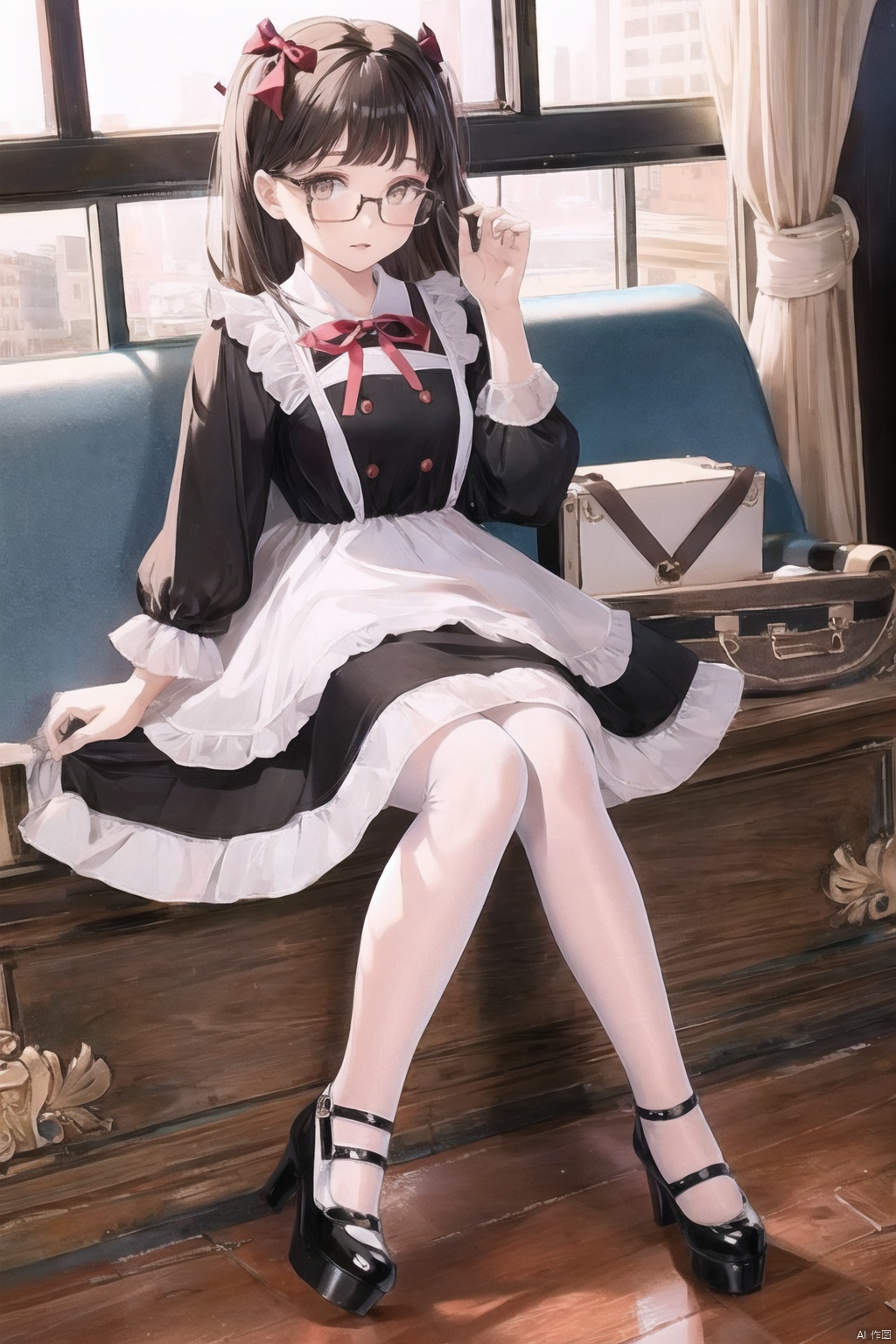  1girl, dress,(lolanse_style dress), sitting, pantyhose, long hair, white footwear, brown hair, shoes, full body, glasses, box, hair ornament, high heels, black hair,lolita fashion, indoors, white pantyhose, frills,bangs, hair bow, platform footwear, blush, cardboard box, bag, see-through,ribbon,longsleeves,