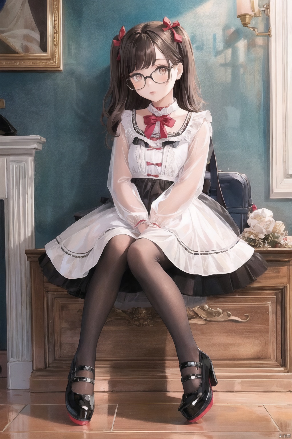  1girl, dress,(lolanse_style dress), sitting, pantyhose, long hair, white footwear, brown hair, shoes, full body, glasses, box, hair ornament, high heels, black hair,lolita fashion, indoors, white pantyhose, frills,bangs, hair bow, platform footwear, blush, cardboard box, bag, see-through,ribbon,longsleeves,