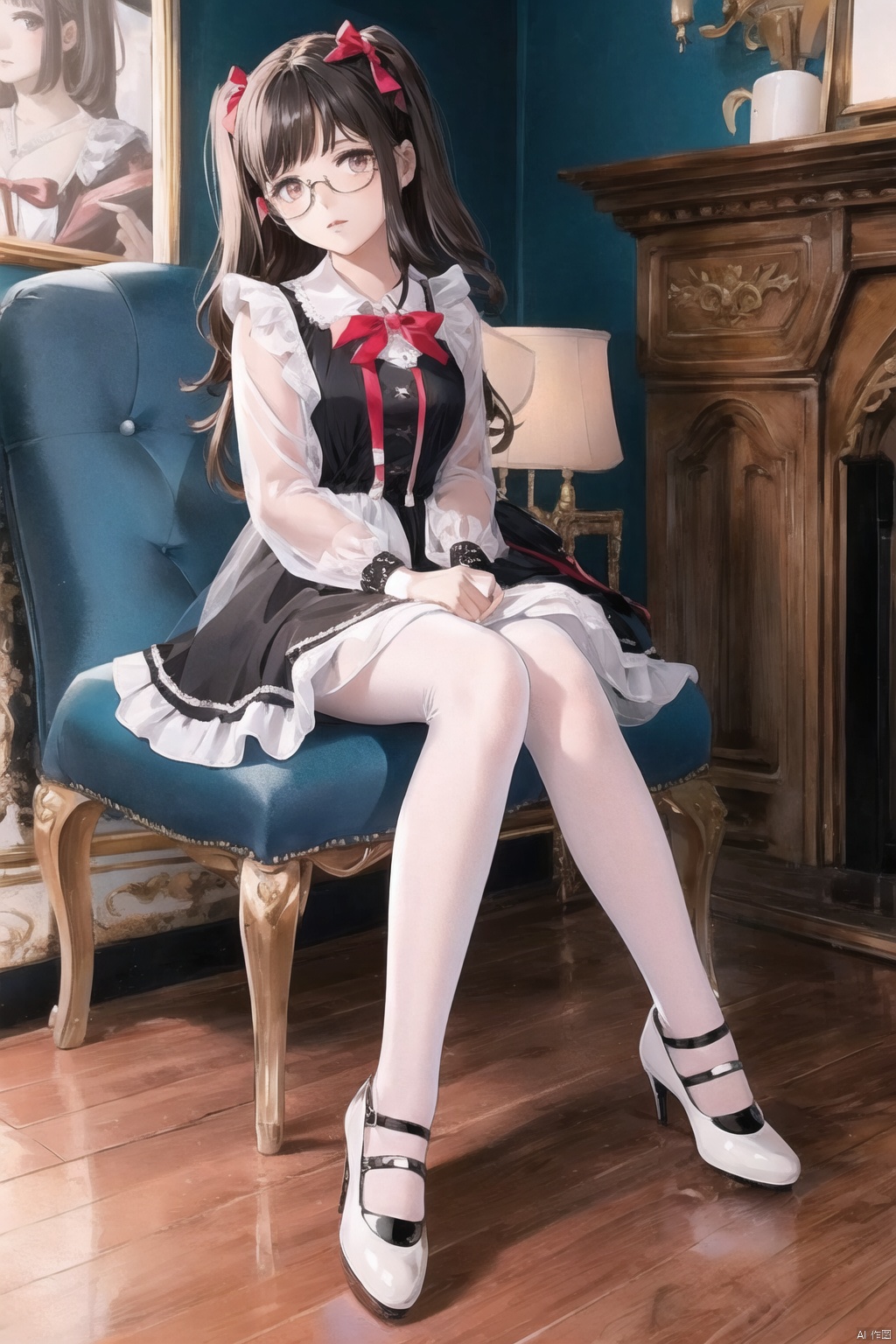  1girl, dress,(lolanse_style dress), sitting, pantyhose, long hair, white footwear, brown hair, shoes, full body, glasses, box, hair ornament, high heels, black hair,lolita fashion, indoors, white pantyhose, frills,bangs, hair bow, platform footwear, blush, cardboard box, bag, see-through,ribbon,longsleeves,