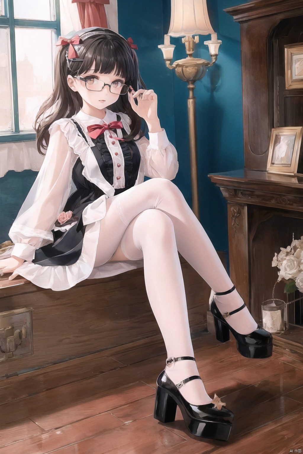  1girl, dress,(lolanse_style dress), sitting, pantyhose, long hair, white footwear, brown hair, shoes, full body, glasses, box, hair ornament, high heels, black hair,lolita fashion, indoors, white pantyhose, frills,bangs, hair bow, platform footwear, blush, cardboard box, bag, see-through,ribbon,longsleeves,