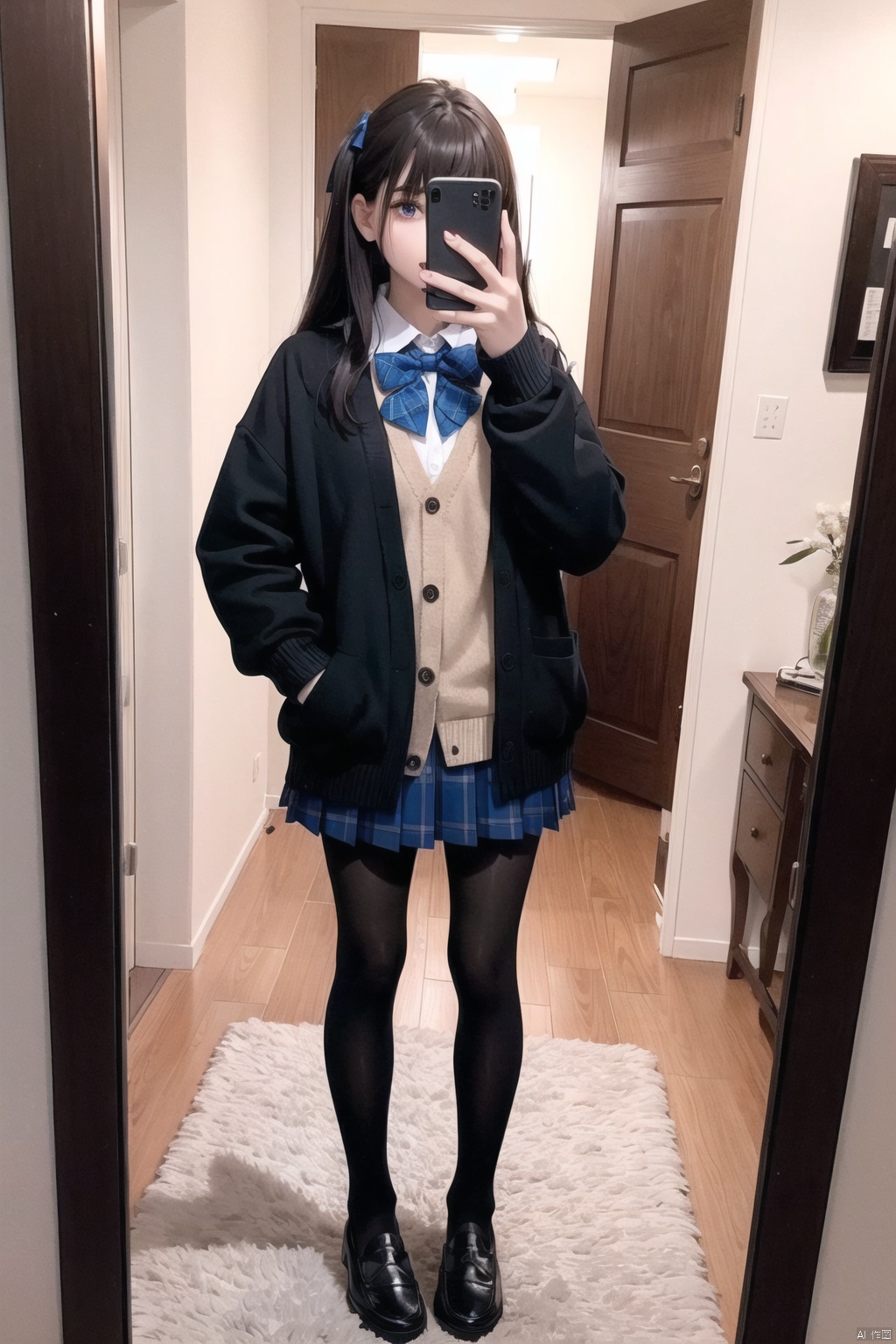  1girl, solo, skirt,jkkaishan_style skirt, pantyhose, plaid, brown hair, cellphone, school uniform, holding, holding phone, cardigan, curtains, indoors, long hair, plaid skirt, black pantyhose, bow, mirror, standing, blue bow, black footwear, smartphone, selfie, blue bowtie, bowtie, window, black cardigan, hand in pocket, shoes, pleated skirt, loafers, blue skirt, full body, flower, long sleeves, carpet, vase, sink, shirt, wooden floor, white shirt, chest of drawers, bangs, door, reflection, rug, cabinet, collared shirt, hand up, nail polish, pink flower, snow, jacket, feathers, 