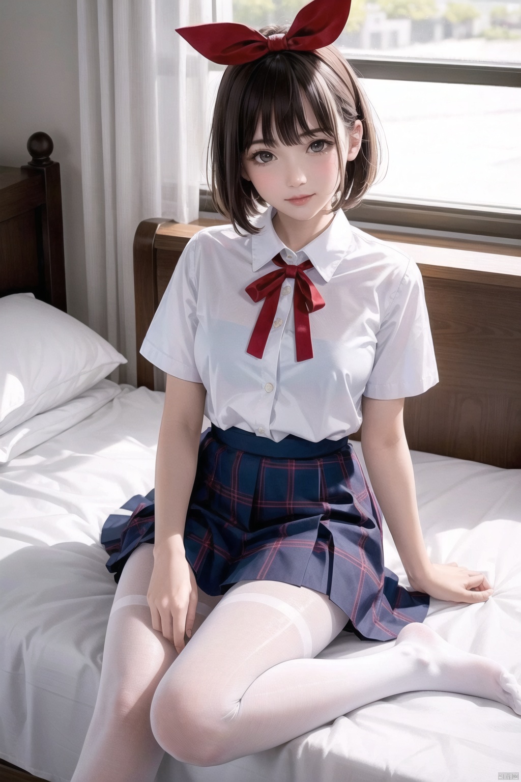 1girl, solo, skirt, pantyhose, white pantyhose, brown hair, red ribbon, school uniform, shirt, ribbon, blue skirt, phone, sitting, short hair, neck ribbon, no shoes, holding, white shirt, brown eyes, looking at viewer, holding phone, indoors, cellphone, plaid skirt, window, realistic, short sleeves, plaid, artist name, bangs, collared shirt, smartphone, full body, pleated skirt, closed mouth, lips, feet, hair ribbon, legs, hair ornament, breasts, bed, on bed, bed sheet, day, smile, dated, uniform, blush, shirt tucked in, small breasts, nose, 