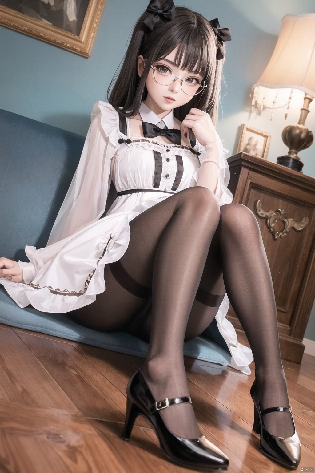  1girl, dress,(lolanse_style dress), sitting, pantyhose, long hair, white footwear, brown hair, shoes, full body, glasses, box, hair ornament, high heels, black hair,lolita fashion, indoors, white pantyhose, frills,bangs, hair bow, platform footwear, blush, cardboard box, bag, see-through,ribbon,longsleeves,