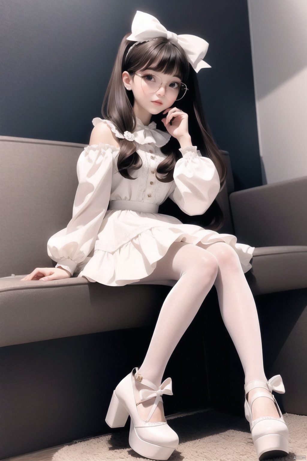  1girl, dress,lolanse_style dress, sitting, pantyhose, long hair, white footwear, brown hair, shoes, full body, glasses, box, hair ornament, high heels, black hair,lolita fashion, indoors, white pantyhose, frills,bangs, hair bow, platform footwear, blush, cardboard box, bag, see-through,ribbon,longsleeves,