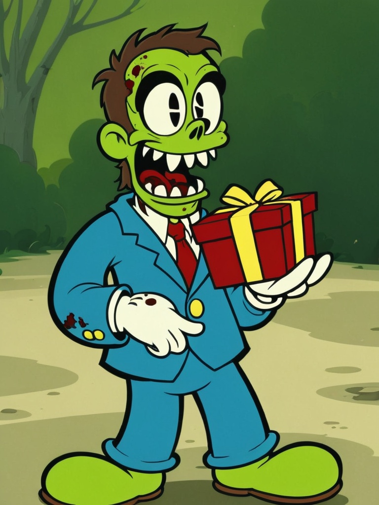 cartoon,  a zombie in a dirty suit,  offering a gift to his friend on Tensor.Art