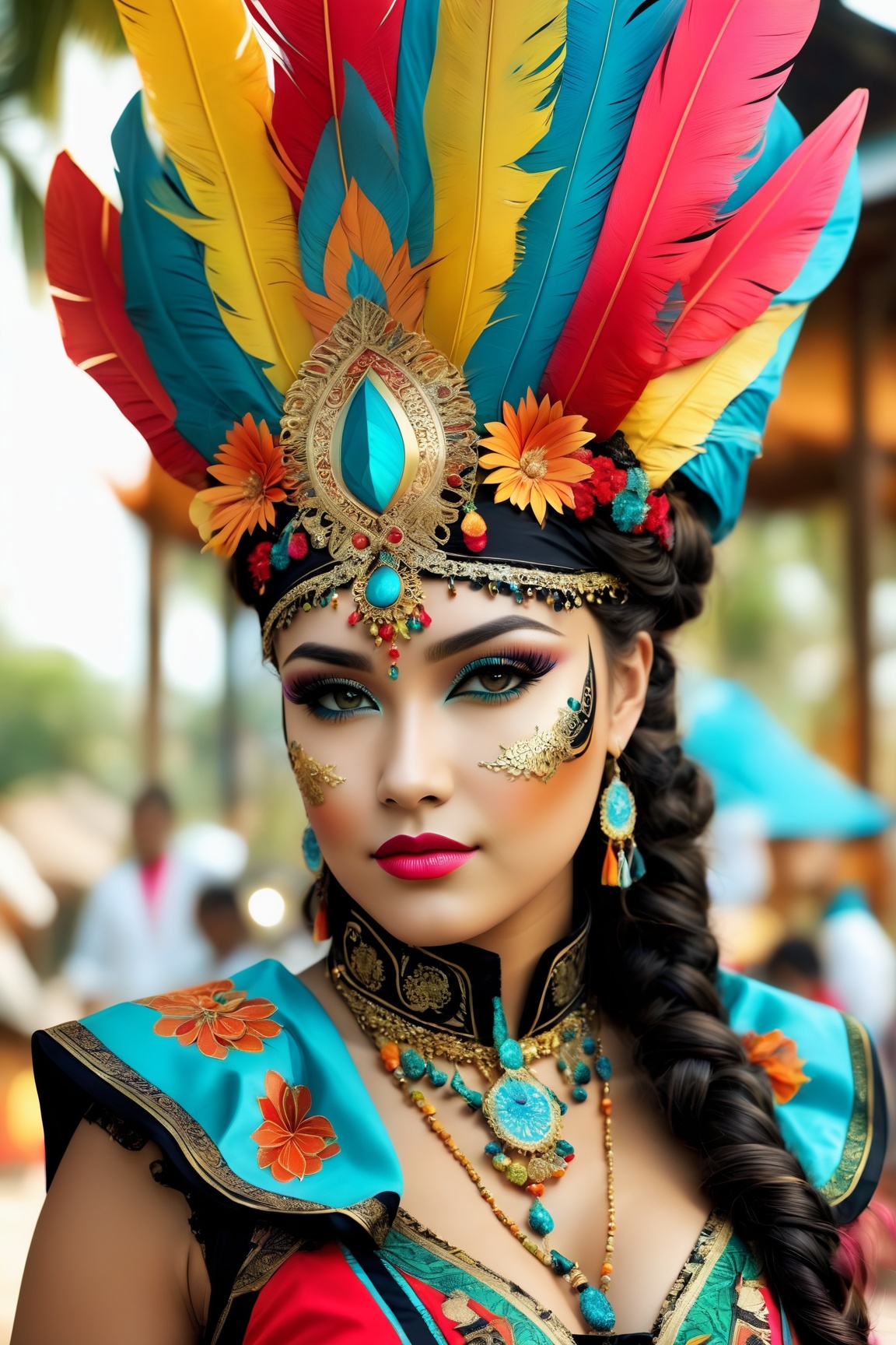 A woman wearing a costume for carnival,  with religious images,  avoiding the use of feathers. Illustration as the medium...