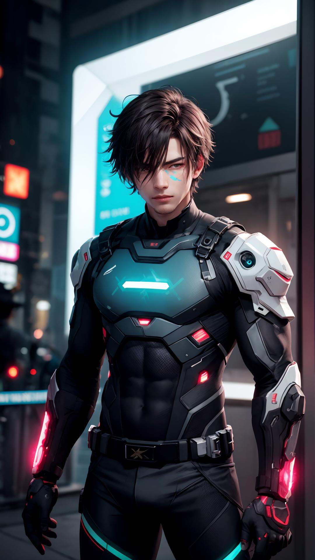 RAW photo, *subject*, (high detailed skin:1.2), 8k uhd, dslr, soft lighting, high quality, film grain, neon lighting, (vibrant glow):1.2, dynamic colors, striking contrast, futuristic vibe, electric energy, reflective surfaces , cyberpunk ,  (1boy:1.3) , short hair , bangs , cowboy shot ,  biomechanical, mechanical parts ,  weapons ,  science fiction , street,