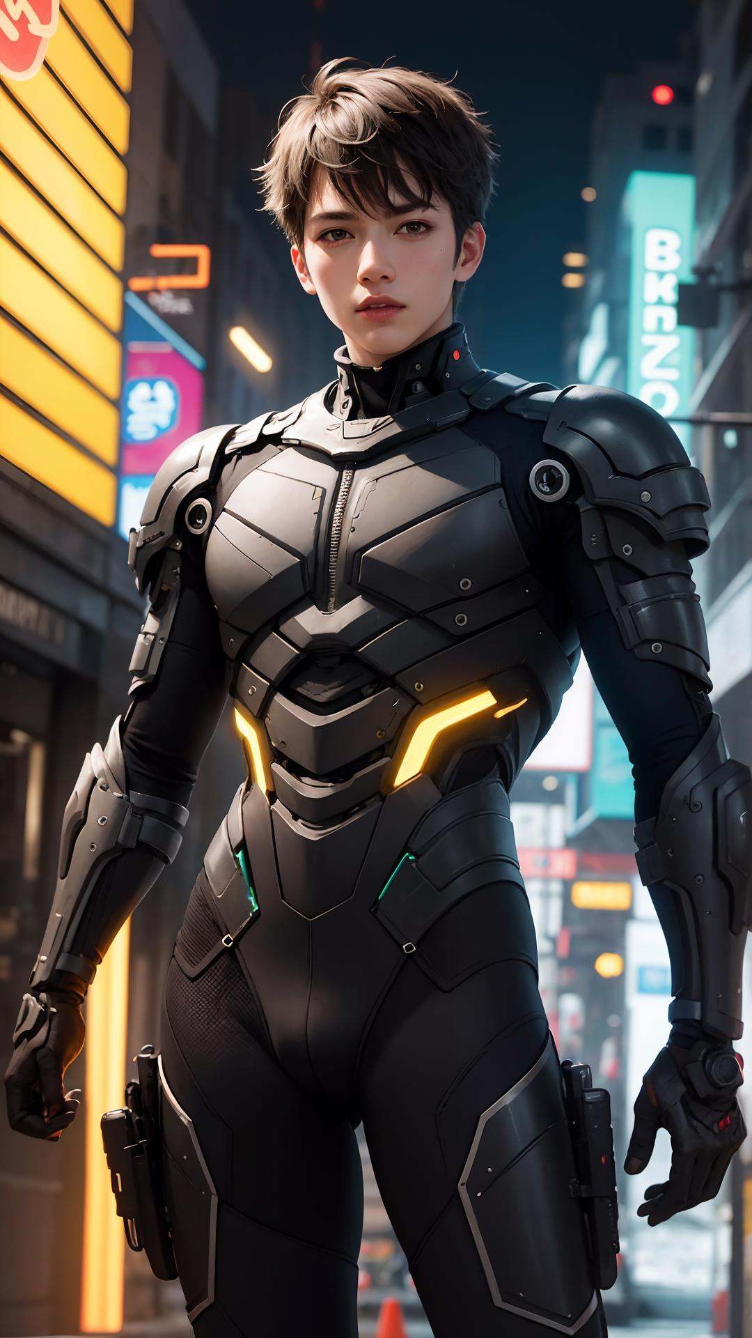 RAW photo, *subject*, (high detailed skin:1.2), 8k uhd, dslr, soft lighting, high quality, film grain, neon lighting, (vibrant glow):1.2, dynamic colors, striking contrast, futuristic vibe, electric energy, reflective surfaces , cyberpunk ,  (1boy:1.3) , short hair , bangs , cowboy shot ,  biomechanical, mechanical parts ,  weapons ,  science fiction , street,