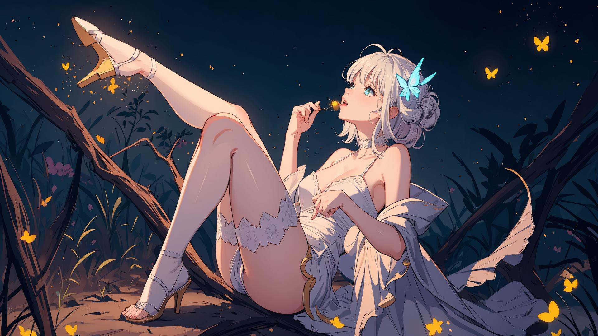 ((masterpiece)),((best quality)),8k,high detailed,ultra-detailed,Cinematic textures. Cinematic compositions. Cinematic lighting effects.rounded corners,A girl,wearing a diaphanous gown,High heels,looking up,full body,sexy,Enjoy,giggle.Blue theme,alluringly innocent,in a dreamlike setting,((ethereal beauty)),((enchanted aura)),surrounded by ((glistening fireflies)),((softly glowing moonlight)),((whimsical butterflies)).,