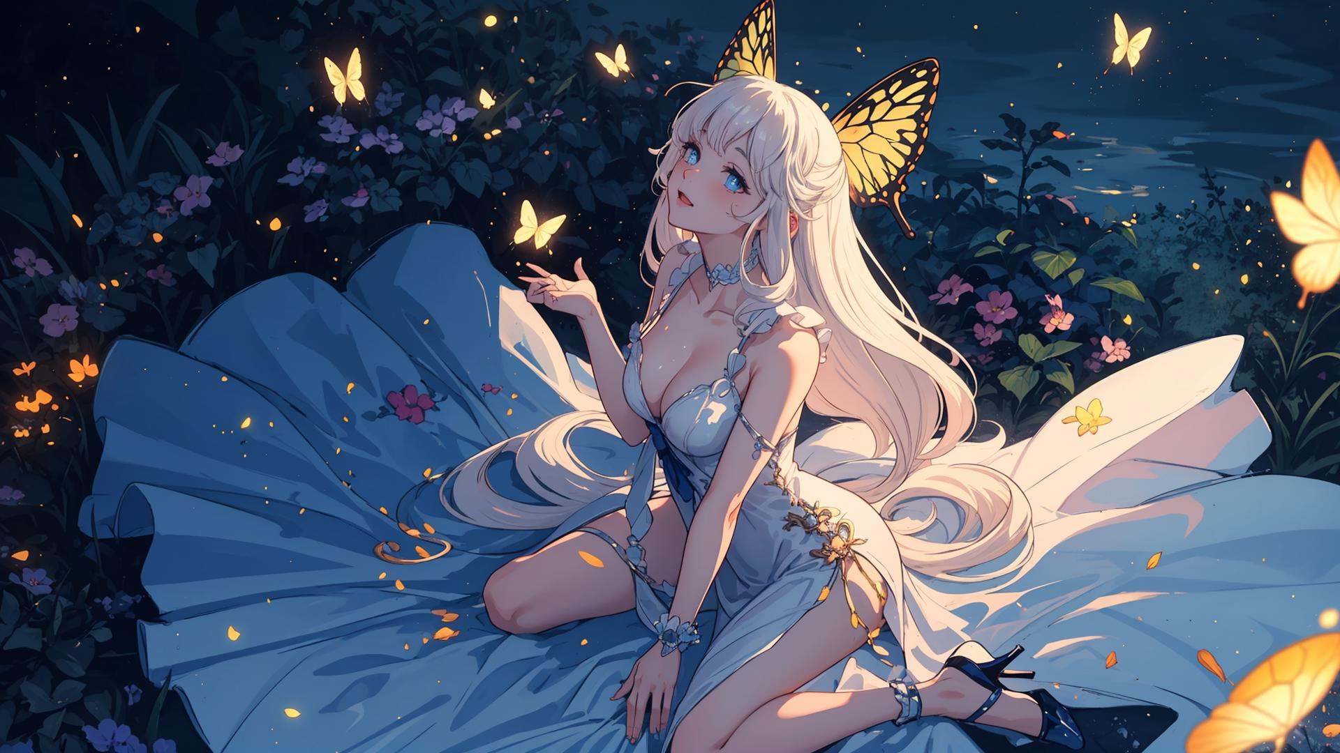 ((masterpiece)),((best quality)),8k,high detailed,ultra-detailed,Cinematic textures. Cinematic compositions. Cinematic lighting effects.rounded corners,A girl,wearing a diaphanous gown,High heels,looking up,full body,sexy,Enjoy,giggle.Blue theme,alluringly innocent,in a dreamlike setting,((ethereal beauty)),((enchanted aura)),surrounded by ((glistening fireflies)),((softly glowing moonlight)),((whimsical butterflies)).,