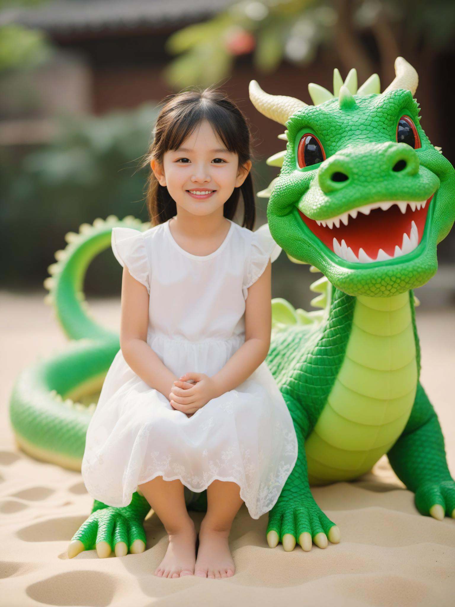 A 6-year-old girl wearing a white transparent thin sand is smiling,surrounded by a kind and friendly Chinese green dragon,Chinese style,cute atmosphere,and warm atmosphere,