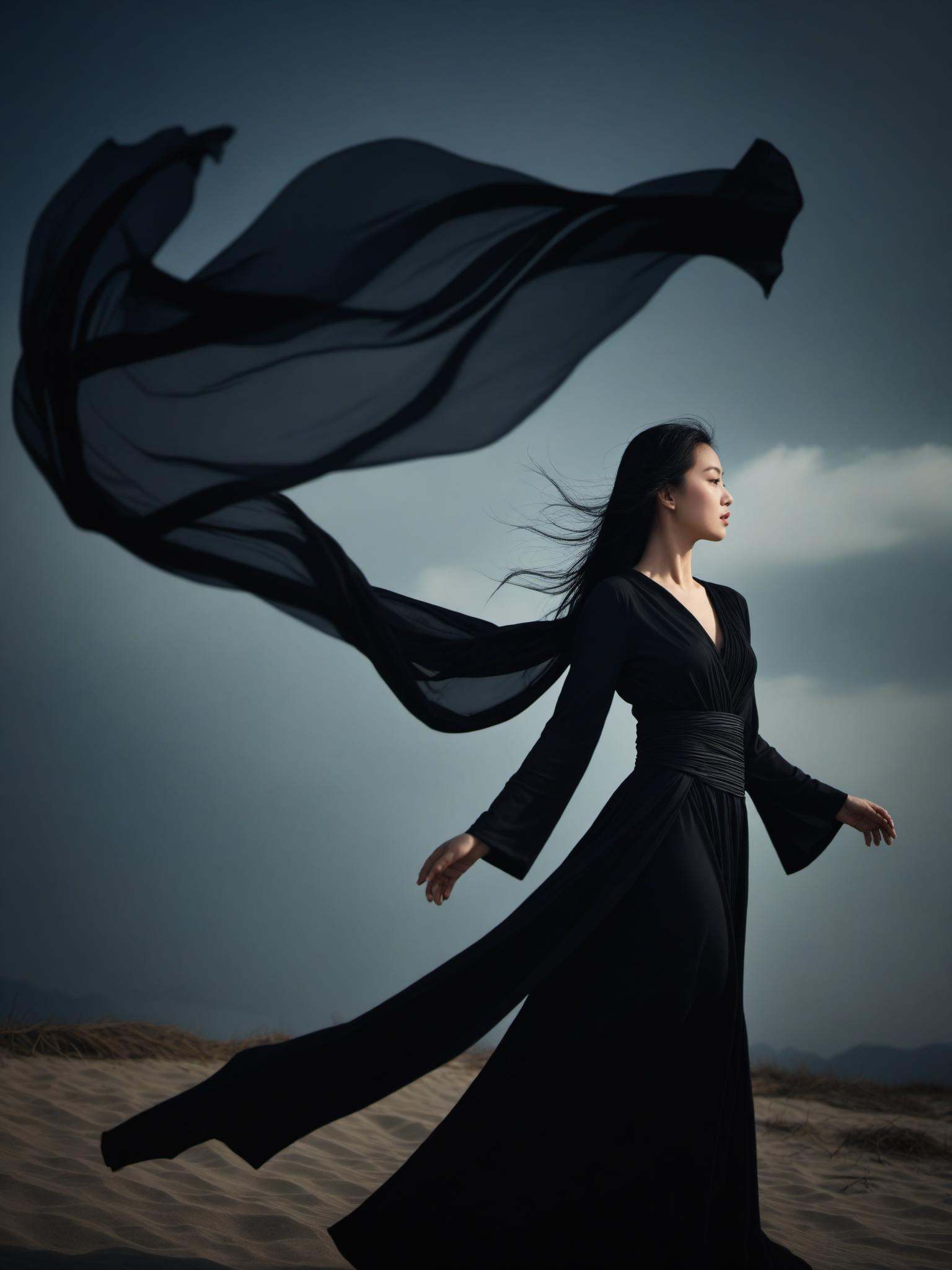 A woman facing the wind with a black theme,exuding a mysterious Eastern romance,woman,facing wind,(black theme),mysterious ambiance,(Eastern romance),flowing attire,