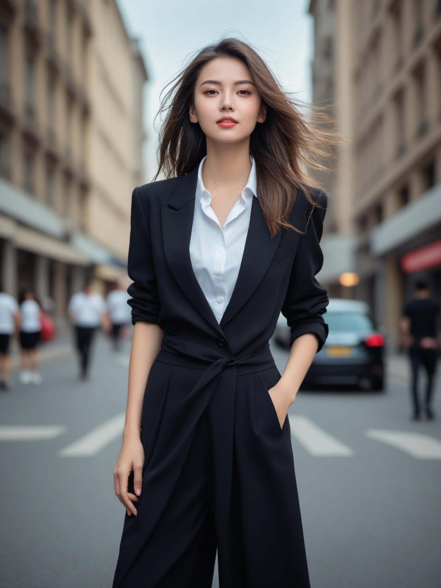 A portrait of a girl,upper body,exuding allure,girl,(alluring appearance:1.2),expressive eyes,realist style,reality,photo,skin texture,dermatoglyphy,full body,frown,a layered background,clothes blown up by the wind,nervous,staring at the camera,(hair blown by a gentle breeze:1.2),fashion,fashion clothes,black style,an angular face,black fashionable formal attire,skyscraper,busy street,smile,model pose,(fashion metropolis:1.4),busy crowds,future style,