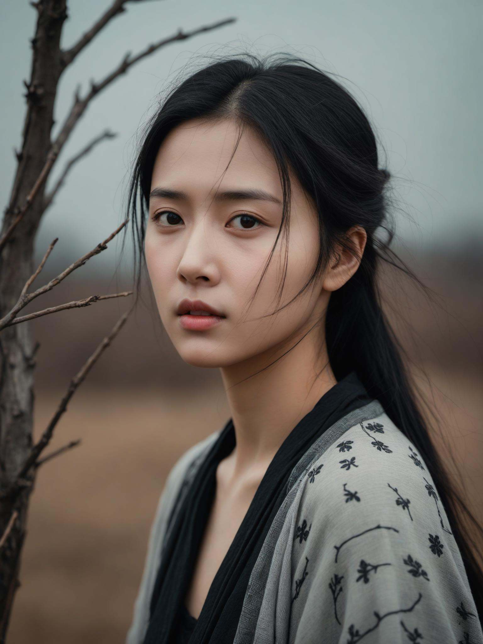 A charming girl facing the wind,with Eastern art influence,a tense expression,and a black theme,A depiction of the phrase 'My heart delights in you,but you do not know',unrequited love,(yearning expression),hidden emotions,(poetic ambiance),subtle landscape,withered branches,barren hill,a sad atmosphere,an ethereal scene,strong wind,heartache,looking at the camera,tears,sad,crying,