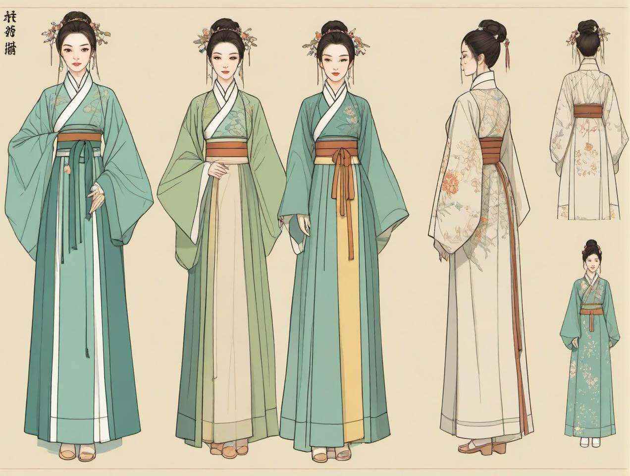 list based hanfu design,grid format presentation,various hanfu styles,costume designing,floorplan,