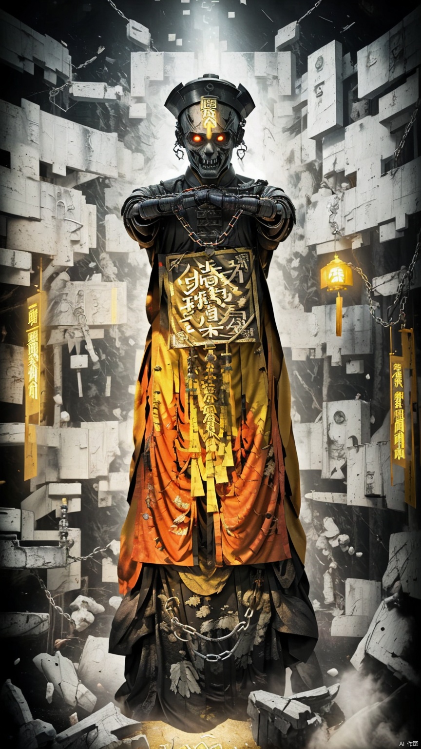 (Photo) (Chains, Chains) (Horror Movie) (Chinese Period Costume) (No Hair) 1 Boy (Yellow Rune) (Rotting Corpse) (Magic Matrix) (Mutant) (Red Muscle) (Bionic Robot Arm) (Chinese Totem) (Enhanced Texture) (Male Emphasis) (Curse) (Red Curse) (Alchemy) (Cube Background, Ruins of ancient civilizations, surrounded by black air, Atlantis)., yiwenrudao\(xiuxian\), kehuan, ghostdom