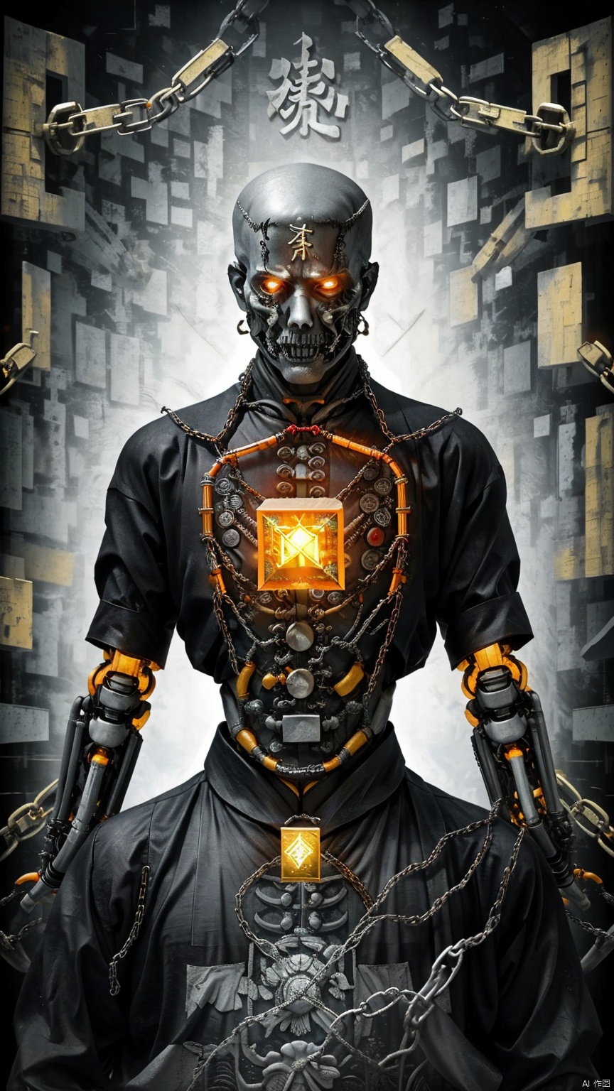 (Photo) (Chains, Chains) (Horror Movie) (Chinese Period Costume) (No Hair) 1 Boy (Yellow Rune) (Rotting Corpse) (Magic Matrix) (Mutant) (Red Muscle) (Bionic Robot Arm) (Chinese Totem) (Enhanced Texture) (Male Emphasis) (Curse) (Red Curse) (Alchemy) (Cube Background, Ruins of ancient civilizations, surrounded by black air, Atlantis)., yiwenrudao\(xiuxian\), kehuan, ghostdom