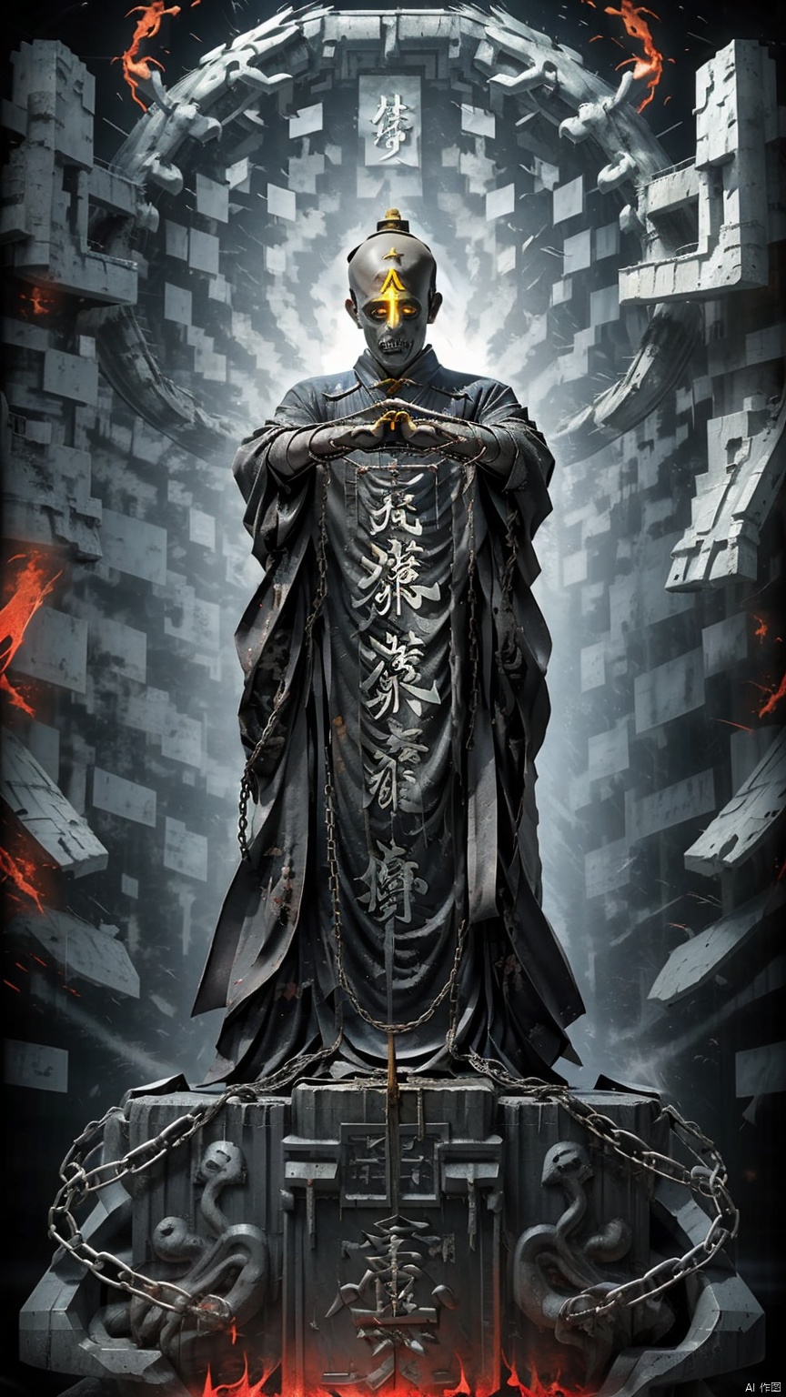 (Photo) (Chains, Chains) (Horror Movie) (Chinese Period Costume) (No Hair) 1 Boy (Yellow Rune) (Rotting Corpse) (Magic Circle) (Mutant) (Red Muscle) (Chinese Totem) (Enhanced Texture) (Male Emphasis) (Curse) (Red Curse) (ALCHEMY) (Cubed Body background, Ruins of ancient civilizations, surrounded by black air, Atlantis).