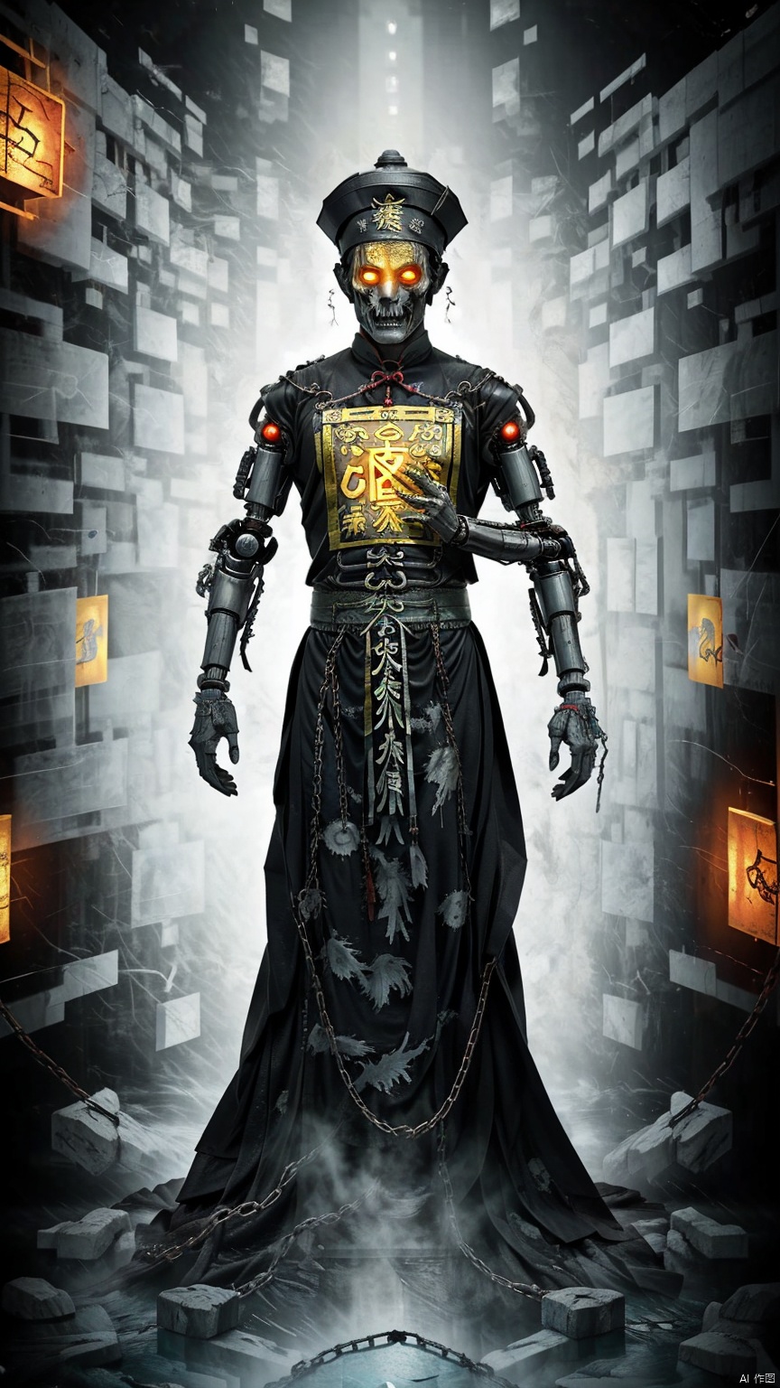 (Photo) (Chains, Chains) (Horror Movie) (Chinese Period Costume) (No Hair) 1 Boy (Yellow Rune) (Rotting Corpse) (Magic Matrix) (Mutant) (Red Muscle) (Bionic Robot Arm) (Chinese Totem) (Enhanced Texture) (Male Emphasis) (Curse) (Red Curse) (Alchemy) (Cube Background, Ruins of ancient civilizations, surrounded by black air, Atlantis)., yiwenrudao\(xiuxian\), kehuan