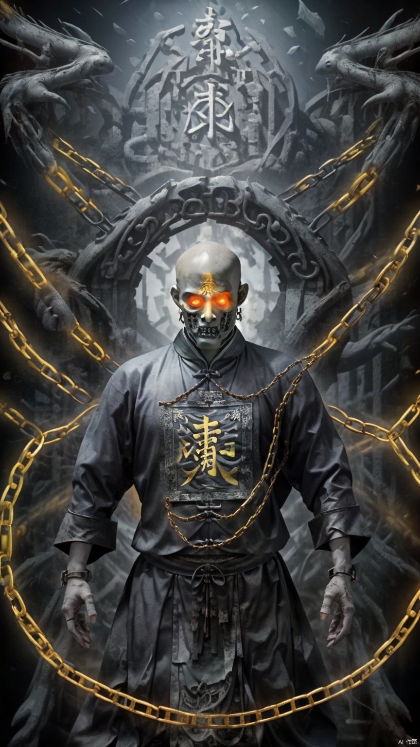 (Photo) (Chains, Chains) (Horror Movie) (Chinese Period Costume) (No Hair) 1 Boy (Yellow Rune) (Rotting Corpse) (Magic Circle) (Mutant) (Red Muscle) (Chinese Totem) (Enhanced Texture) (Male Emphasis) (Magic Circle) (Red Curse) (Alchemy) (Li Square background, Ruins of ancient civilizations, surrounded by black air, Atlantis).