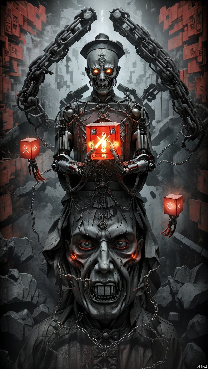 (Photo) (Chains, Chains) (Horror Movie) (Chinese Period Costume) (No Hair) 1 Boy (Yellow Rune) (Rotting Corpse) (Magic Matrix) (Mutant) (Red Muscle) (Bionic Robot Arm) (Chinese Totem) (Enhanced Texture) (Male Emphasis) (Curse) (Red Curse) (Alchemy) (Cube Background, Ruins of ancient civilizations, surrounded by black air, Atlantis)., yiwenrudao\(xiuxian\), kehuan, ghostdom
