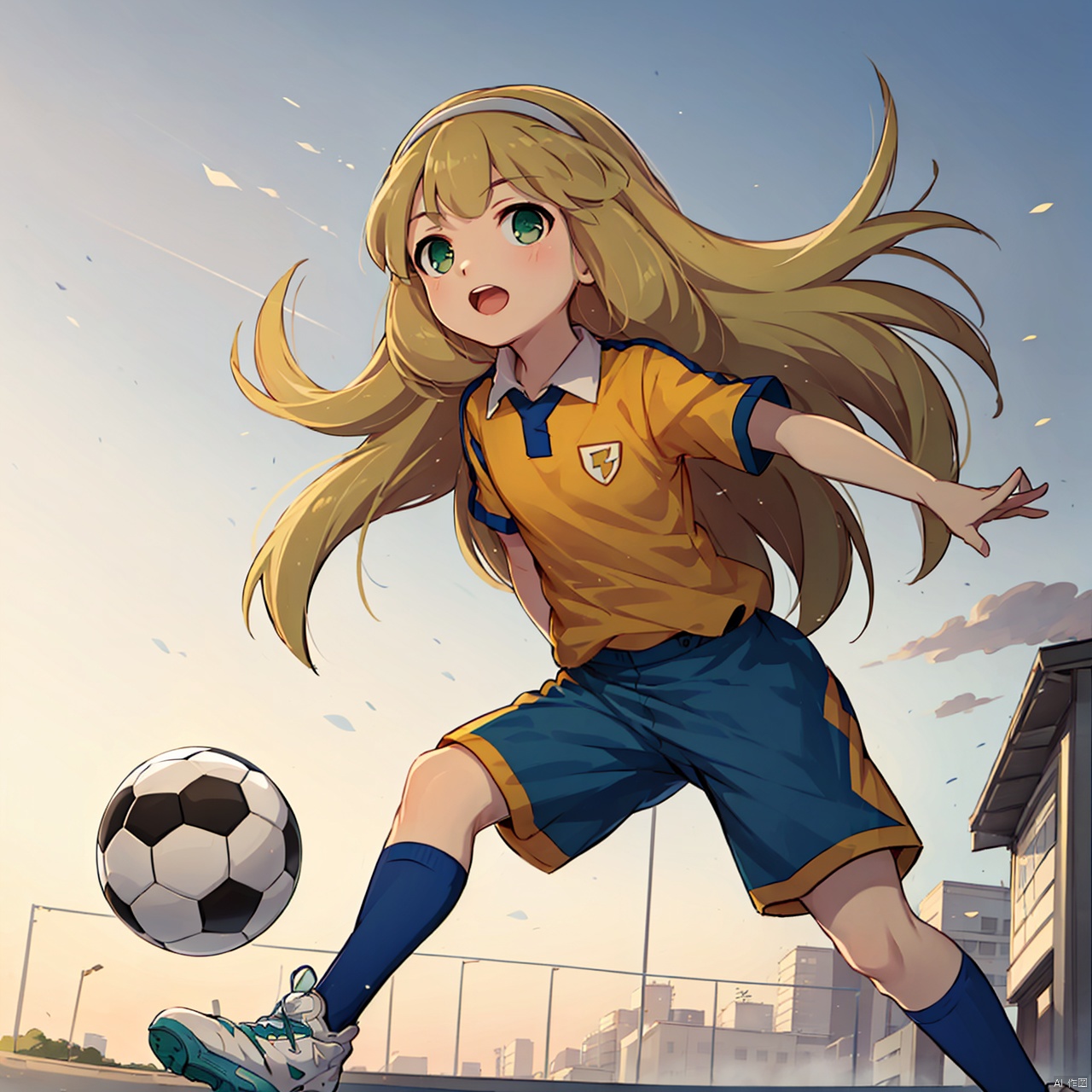masterpiece,best quality,1girl,loli,nanobana kinako,solo, long hair, blonde hair, green eyes, hairband, ball, sportswear, soccer uniform, lightning bolt symbol, soccer, raimon soccer uniform,day,Architecture,