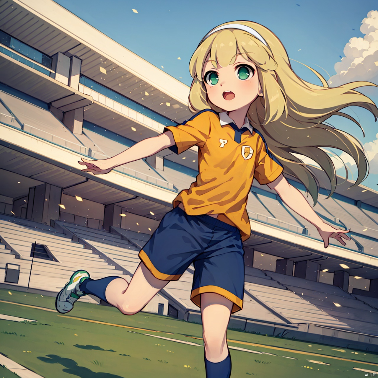 masterpiece,best quality,1girl,loli,nanobana kinako,solo, long hair, blonde hair, green eyes, hairband, ball, sportswear, soccer uniform, lightning bolt symbol, football,day,Architecture,