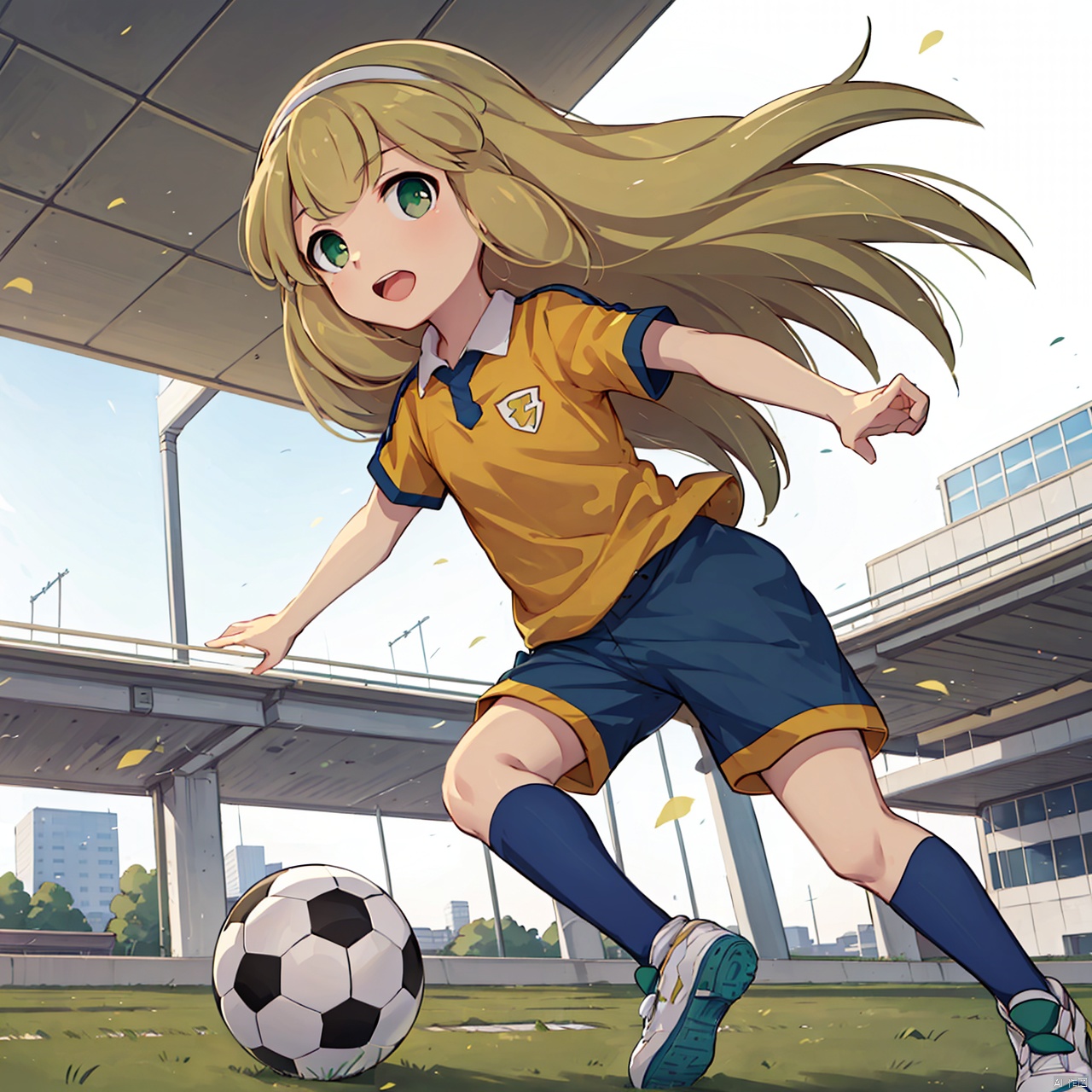 masterpiece,best quality,1girl,loli,nanobana kinako,solo, long hair, blonde hair, green eyes, hairband, ball, sportswear, soccer uniform, lightning bolt symbol, footy,day,Architecture,