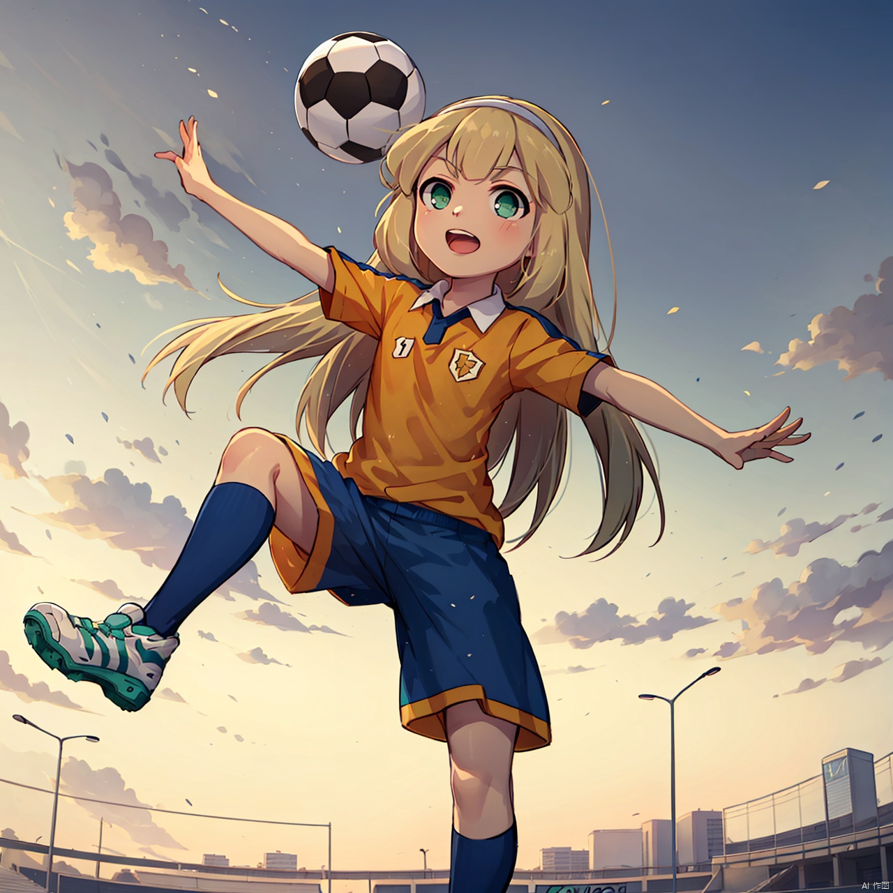  masterpiece,best quality,1girl,loli,nanobana kinako,solo, long hair, open mouth, blonde hair, green eyes, hairband, ball, sportswear, soccer uniform, lightning bolt symbol, soccer ball, raimon, soccer, telstar, raimon soccer uniform,During the day, the football field,Kick a ball,