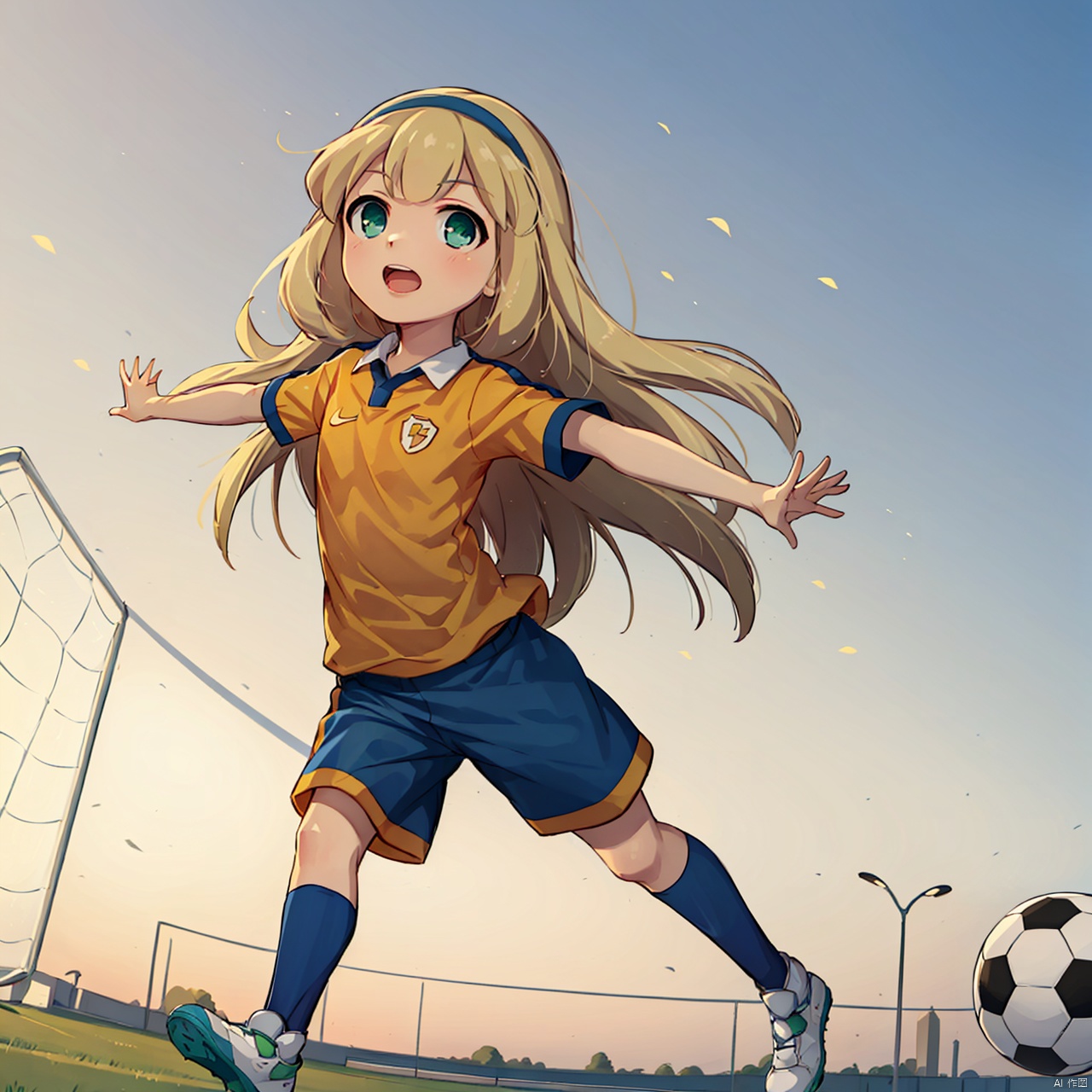masterpiece,best quality,1girl,loli,nanobana kinako,solo, long hair, open mouth, blonde hair, green eyes, hairband, ball, sportswear, soccer uniform, lightning bolt symbol, soccer ball, raimon, soccer, telstar, raimon soccer uniform,day,